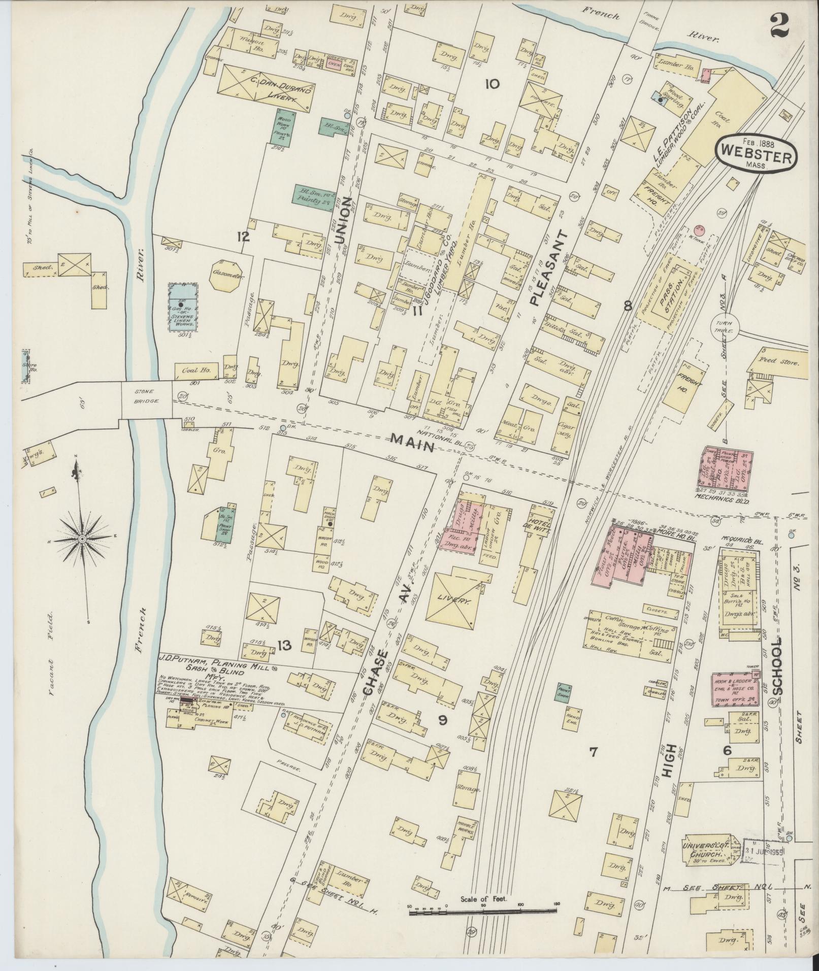 Sanborn Fire Insurance Map from Webster, Worcester County, Massachusetts (1888), Sheet #0002 - Complete Map Set gallery image, historic Sanborn map, vintage wall art, Massachusetts Massachusetts