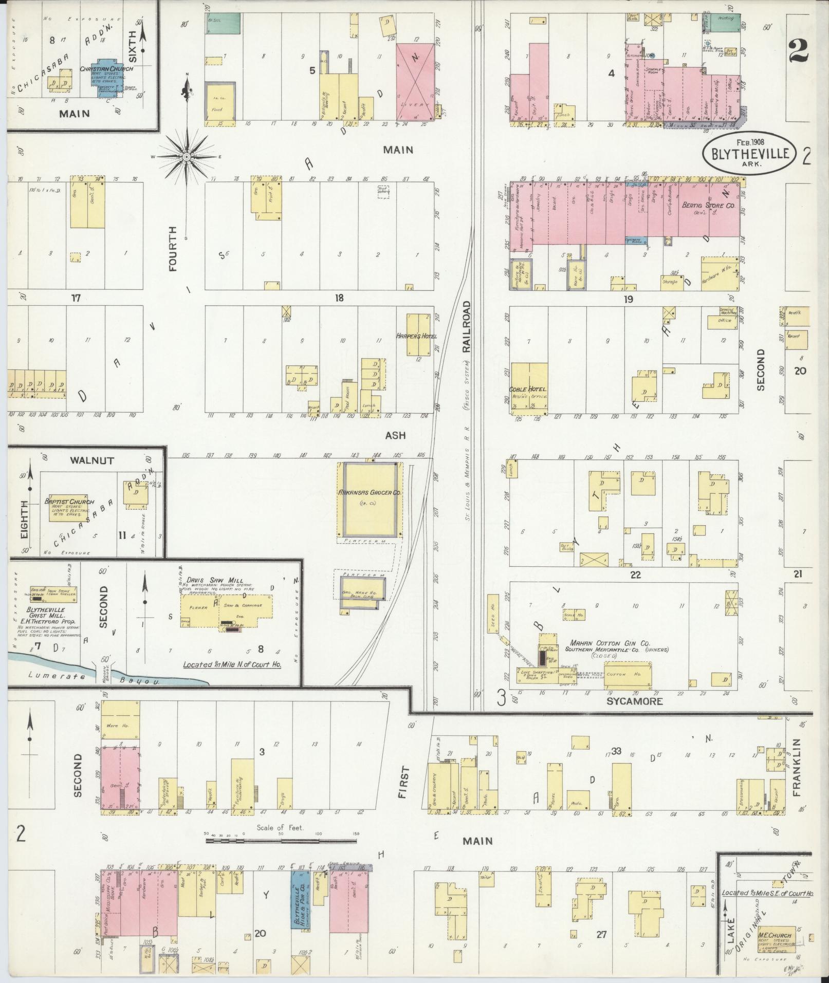 Sanborn Fire Insurance Map from Blytheville, Mississippi County, Arkansas (1908), Sheet #0002 - Complete Map Set gallery image, historic Sanborn map, vintage wall art, Blytheville Mississippi