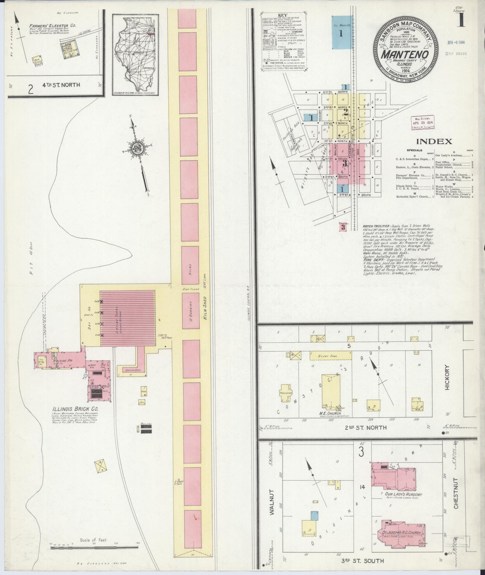 Sanborn Fire Insurance Map from Manteno, Kankakee County, Illinois (1914), Sheet #0001 - Historic Sanborn Fire Insurance Map Print, vintage old map wall art, antique decor, genealogy gift, Illinois Illinois map
