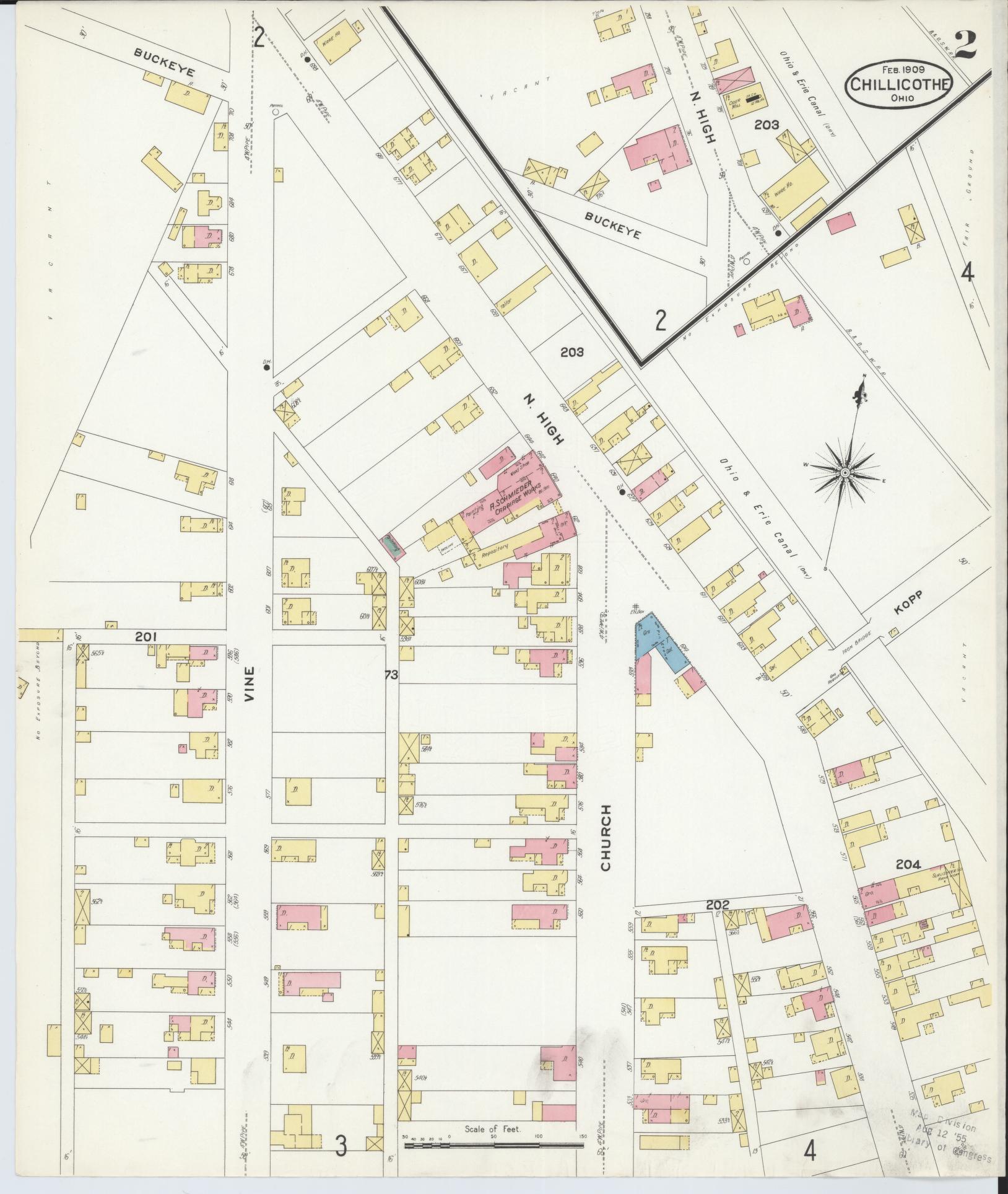 Sanborn Fire Insurance Map from Chillicothe, Ross County, Ohio (1909), Sheet #0002 - Complete Map Set gallery image, historic Sanborn map, vintage wall art, Ohio Ohio