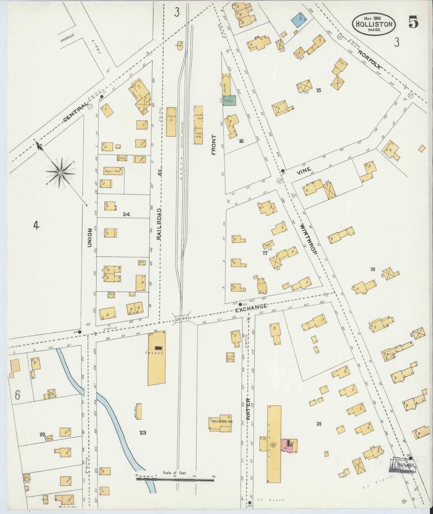 Sanborn Fire Insurance Map from Holliston, Middlesex County, Massachusetts (1906), Sheet #0005 - Historic Sanborn Fire Insurance Map Print, vintage old map wall art, antique decor, genealogy gift, Massachusetts Massachusetts map