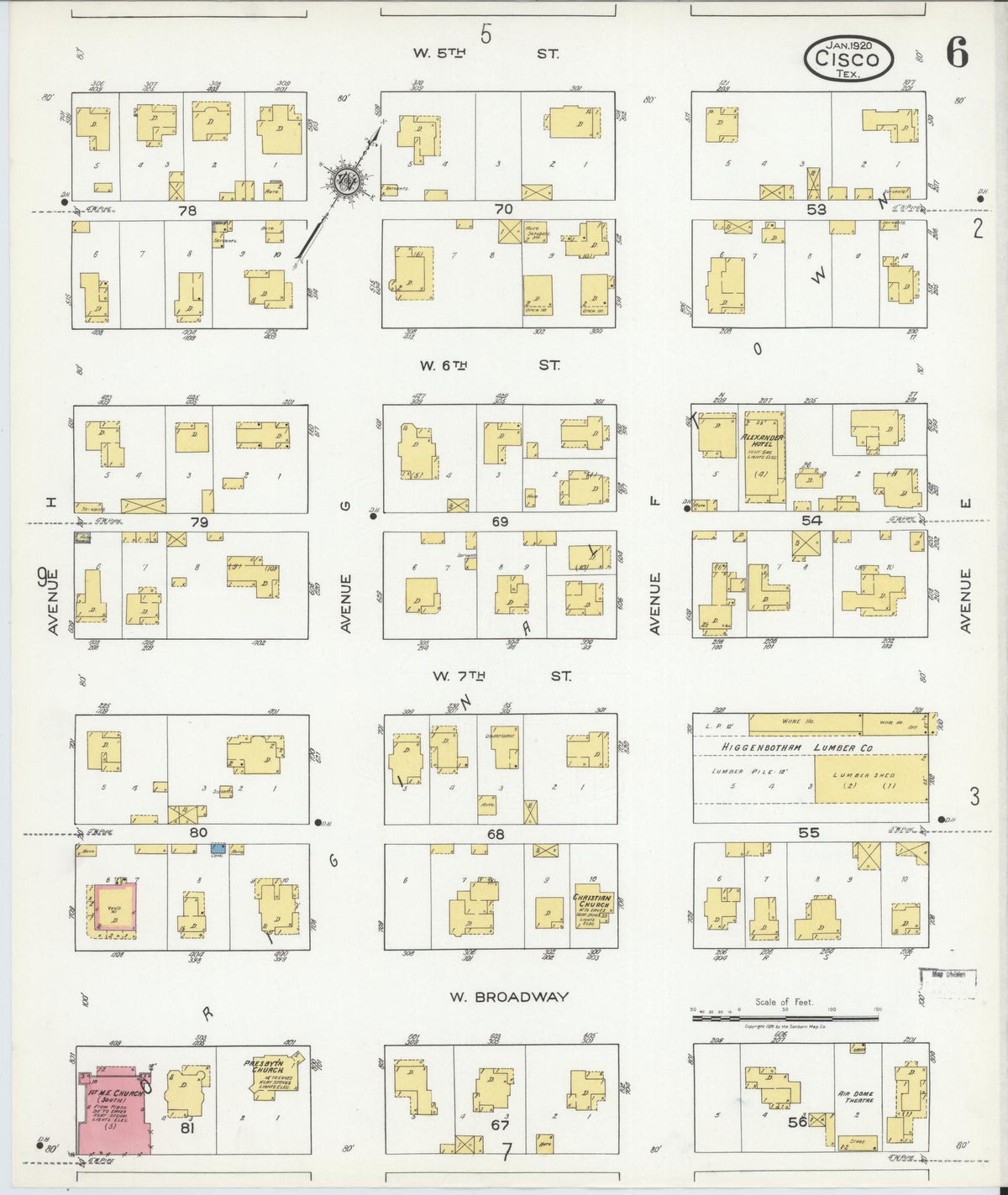 Sanborn Fire Insurance Map from Cisco, Eastland County, Texas (1920), Sheet #0006 - Historic Sanborn Fire Insurance Map Print, vintage old map wall art, antique decor, genealogy gift, Texas Texas map