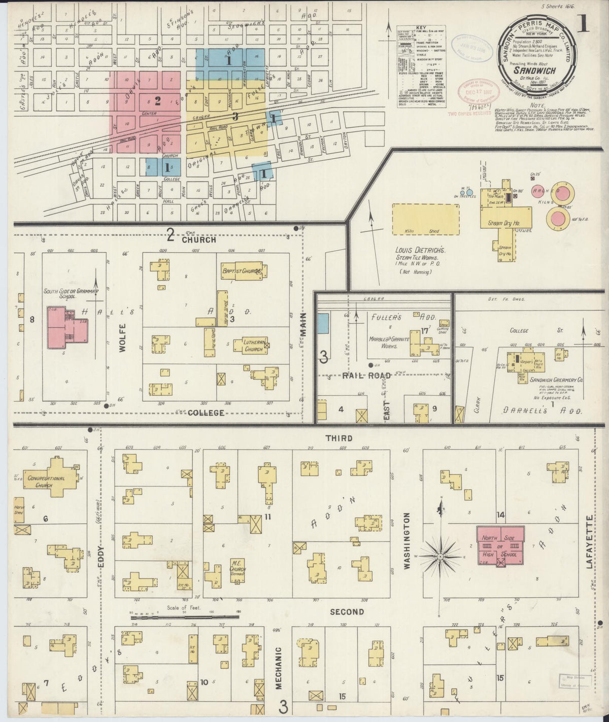 Sanborn Fire Insurance Map from Sandwich, De Kalb County, Illinois (1897), Sheet #0001 - Historic Sanborn Fire Insurance Map Print, vintage old map wall art, antique decor, genealogy gift, Illinois Illinois map