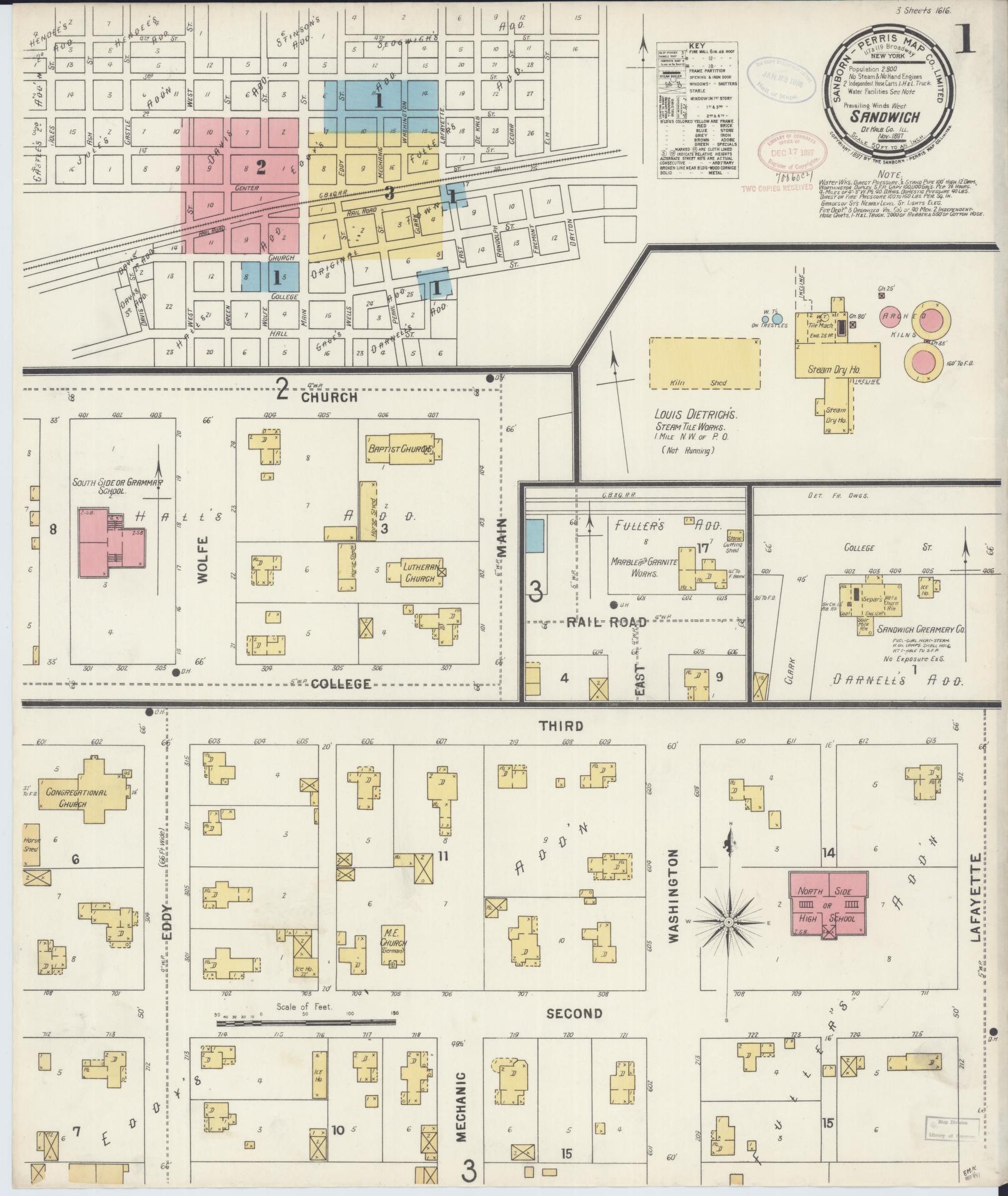 Sanborn Fire Insurance Map from Sandwich, De Kalb County, Illinois (1897), Sheet #0001 - Historic Sanborn Fire Insurance Map Print, vintage old map wall art, antique decor, genealogy gift, Illinois Illinois map