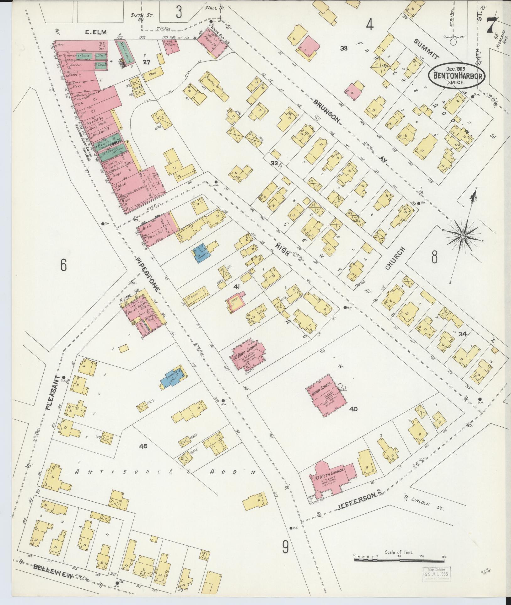 Sanborn Fire Insurance Map from Benton Harbor, Berrien County, Michigan (1905), Sheet #0007 - Historic Sanborn Fire Insurance Map Print, vintage old map wall art, antique decor, genealogy gift, Michigan Michigan map