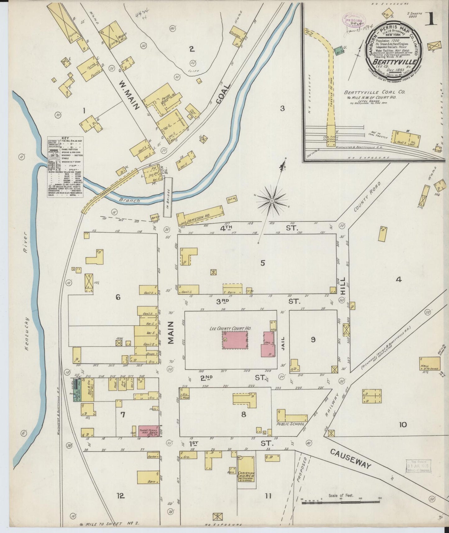 Sanborn Fire Insurance Map from Beattyville, Lee County, Kentucky (1893), Sheet #0001 - Complete Map Set gallery image, historic Sanborn map, vintage wall art, Kentucky Kentucky