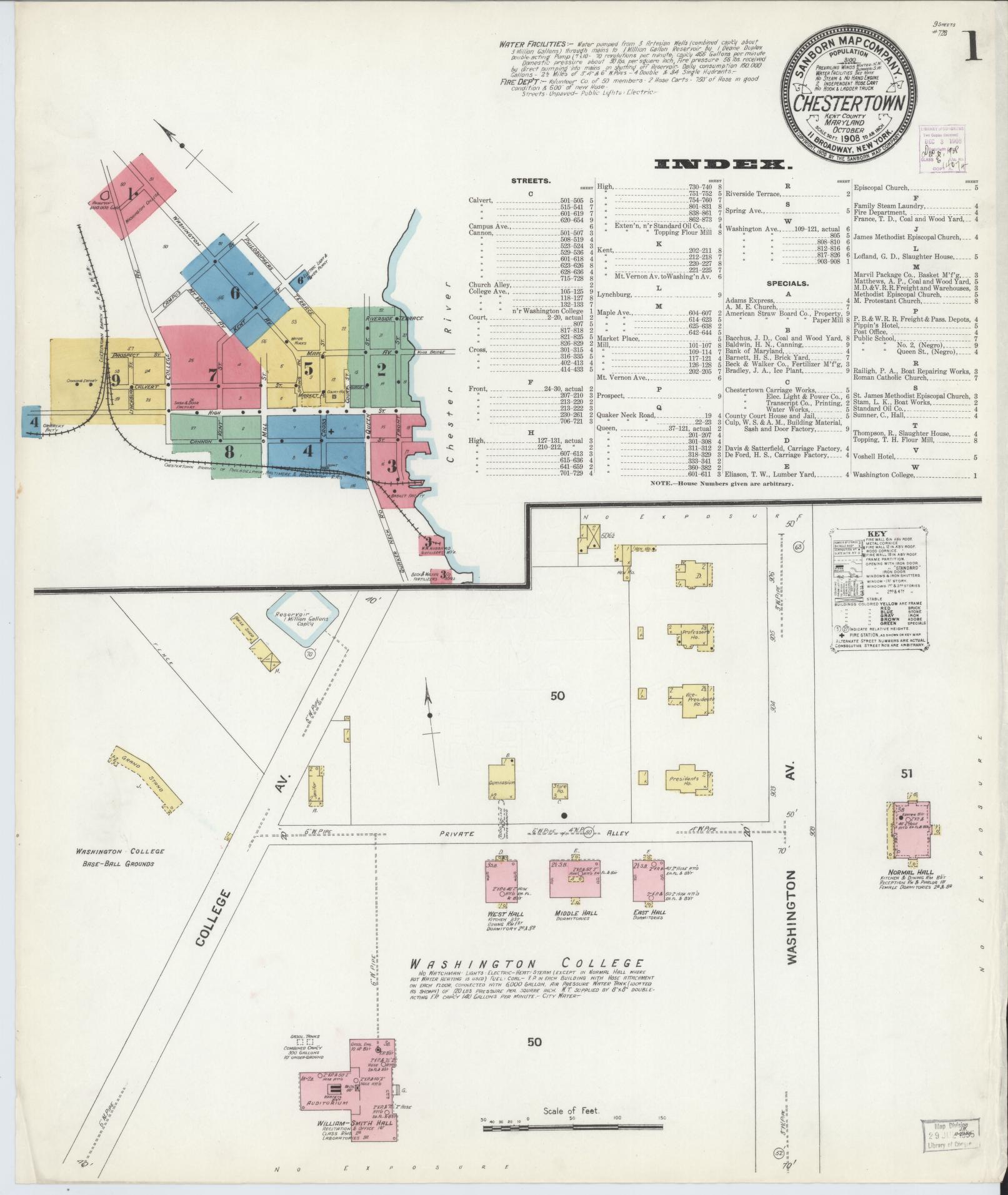 Sanborn Fire Insurance Map from Chestertown, Kent County, Maryland (1908), Sheet #0001 - Historic Sanborn Fire Insurance Map Print, vintage old map wall art, antique decor, genealogy gift, Maryland Maryland map