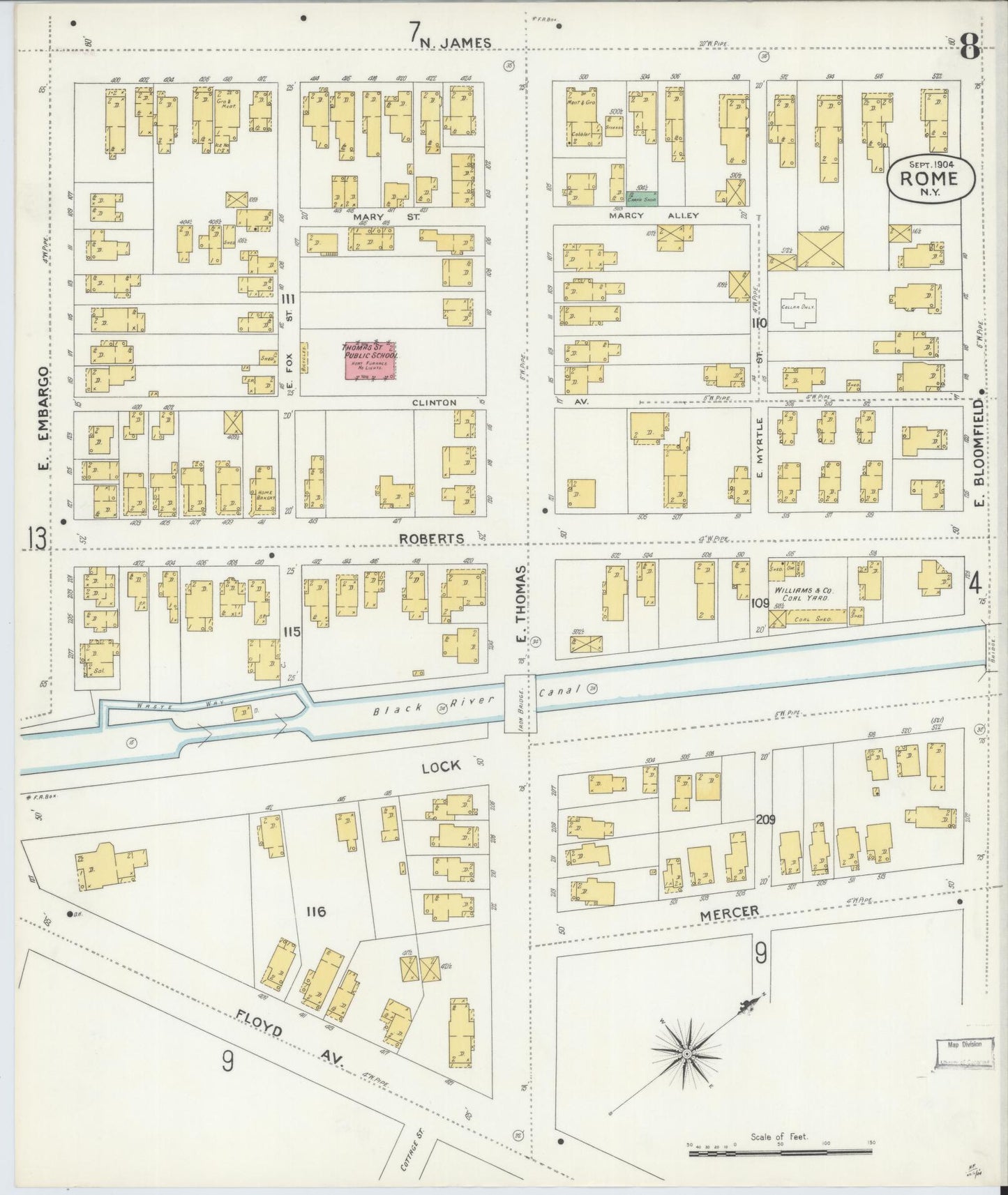 Sanborn Fire Insurance Map from Rome, Oneida County, New York (1904), Sheet #0008 - Historic Sanborn Fire Insurance Map Print, vintage old map wall art, antique decor, genealogy gift, New York New York map