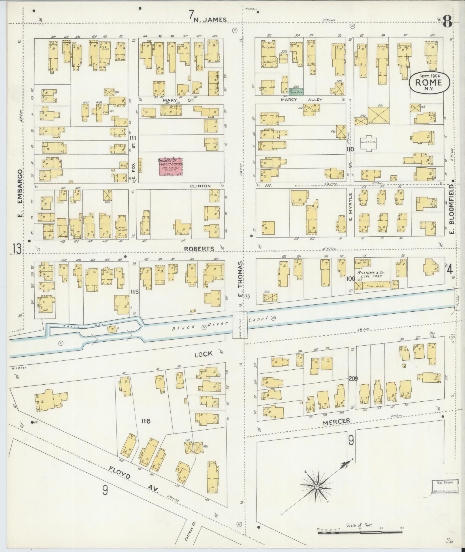 Sanborn Fire Insurance Map from Rome, Oneida County, New York (1904), Sheet #0008 - Historic Sanborn Fire Insurance Map Print, vintage old map wall art, antique decor, genealogy gift, New York New York map