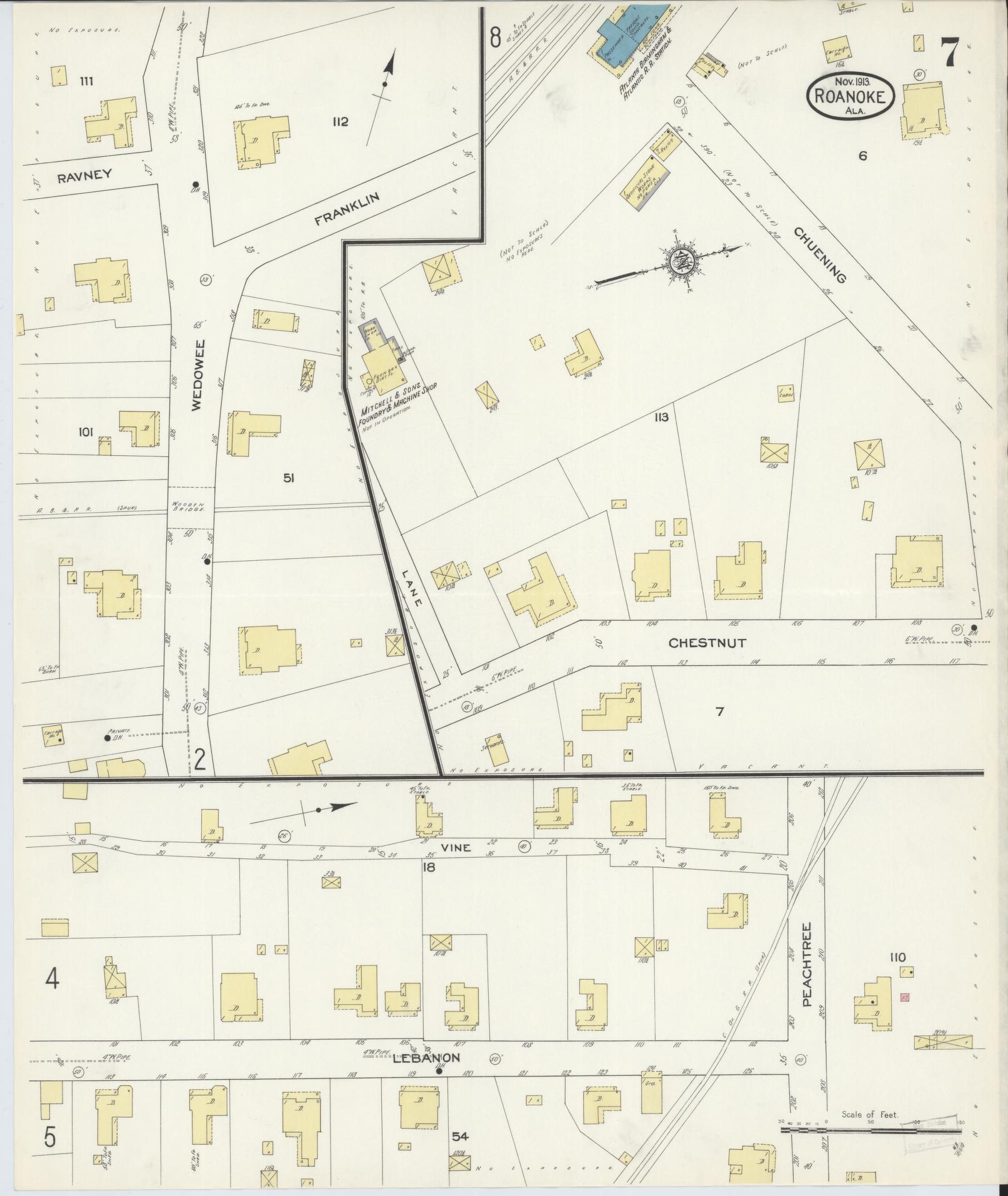 Sanborn Fire Insurance Map from Roanoke, Randolph County, Alabama (1913), Sheet #0007 - Historic Sanborn Fire Insurance Map Print, vintage old map wall art, antique decor, genealogy gift, Alabama Alabama map