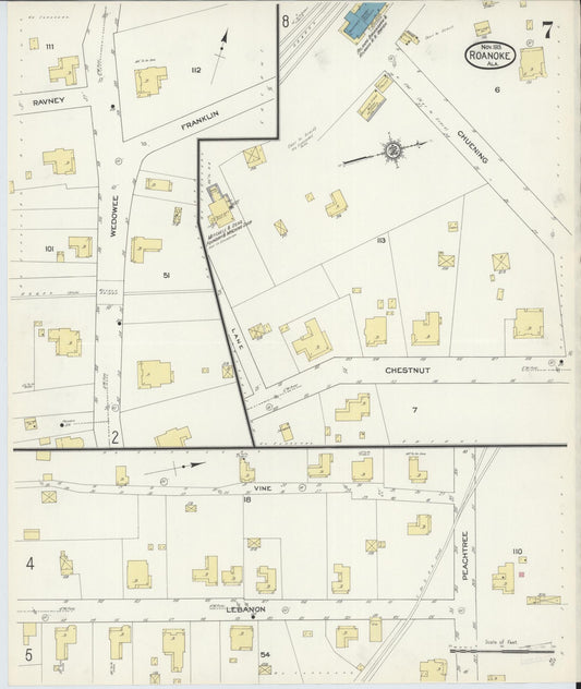 Sanborn Fire Insurance Map from Roanoke, Randolph County, Alabama (1913), Sheet #0007 - Historic Sanborn Fire Insurance Map Print, vintage old map wall art, antique decor, genealogy gift, Alabama Alabama map