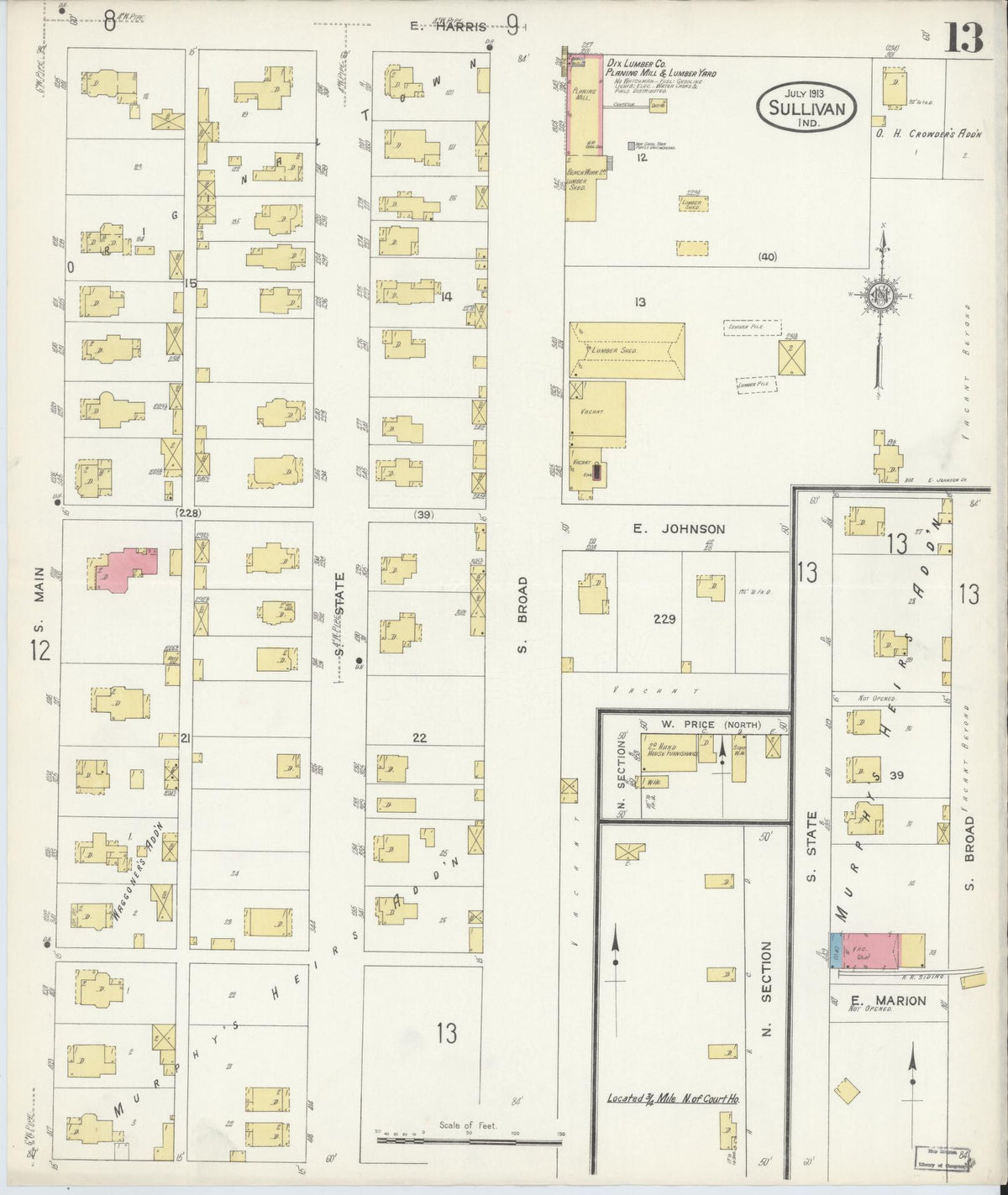 Sanborn Fire Insurance Map from Sullivan, Sullivan County, Indiana (1913), Sheet #0013 - Historic Sanborn Fire Insurance Map Print, vintage old map wall art, antique decor, genealogy gift, Indiana Indiana map
