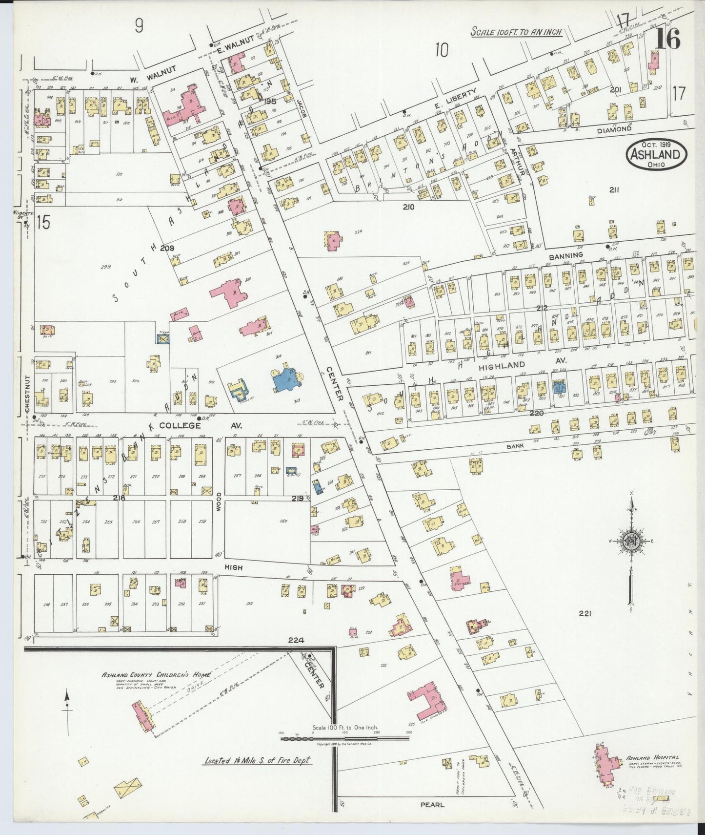 Sanborn Fire Insurance Map from Ashland, Ashland County, Ohio (1919), Sheet #0016 - Historic Sanborn Fire Insurance Map Print, vintage old map wall art, antique decor, genealogy gift, Ohio Ohio map