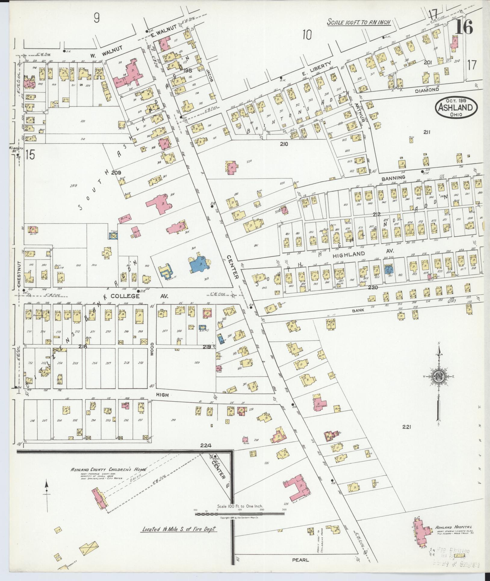Sanborn Fire Insurance Map from Ashland, Ashland County, Ohio (1919), Sheet #0016 - Historic Sanborn Fire Insurance Map Print, vintage old map wall art, antique decor, genealogy gift, Ohio Ohio map