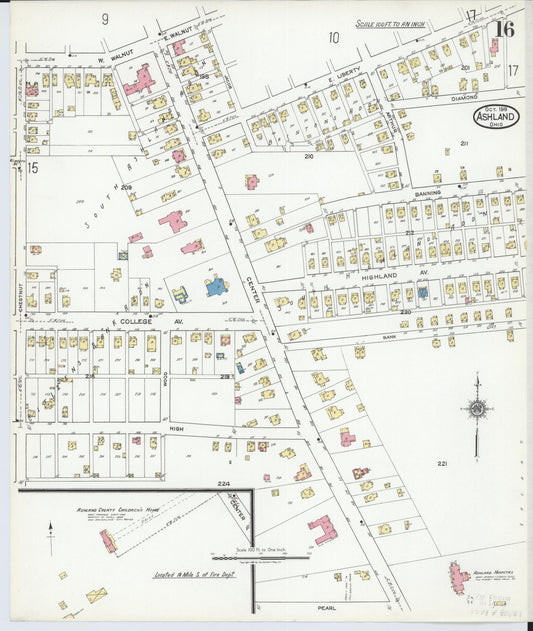 Sanborn Fire Insurance Map from Ashland, Ashland County, Ohio (1919), Sheet #0016 - Historic Sanborn Fire Insurance Map Print, vintage old map wall art, antique decor, genealogy gift, Ohio Ohio map