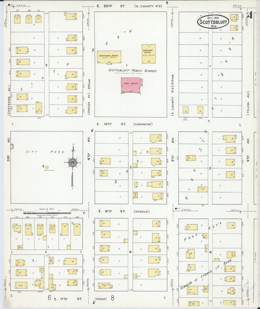 Sanborn Fire Insurance Map from Scottsbluff, Scotts Bluff County, Nebraska (1918), Sheet #0004 - Historic Sanborn Fire Insurance Map Print, vintage old map wall art, antique decor, genealogy gift, Nebraska Nebraska map