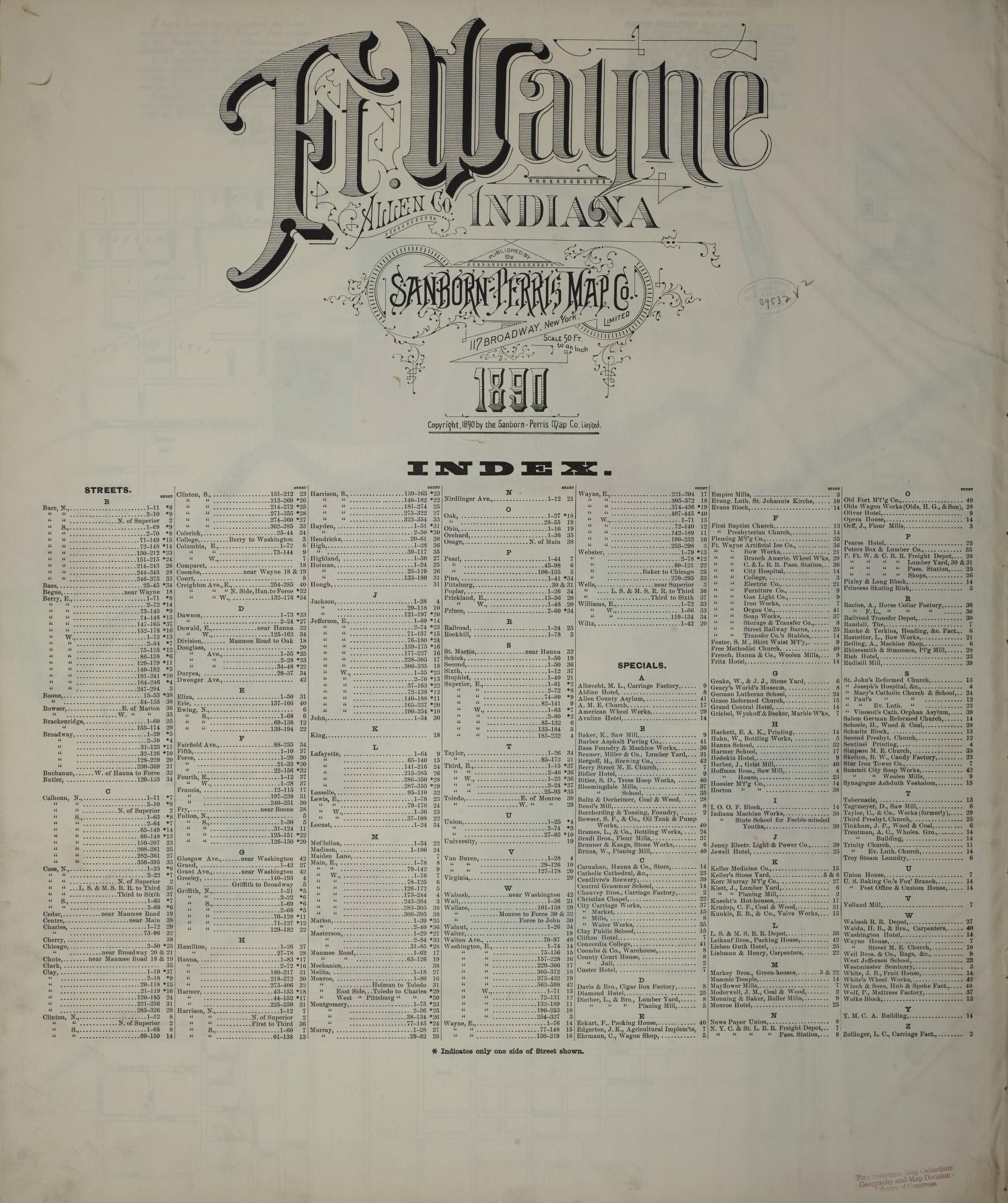 Sanborn Fire Insurance Map from Fort Wayne, Allen County, Indiana. (1890) – Historic Sanborn Fire Insurance Map Print
