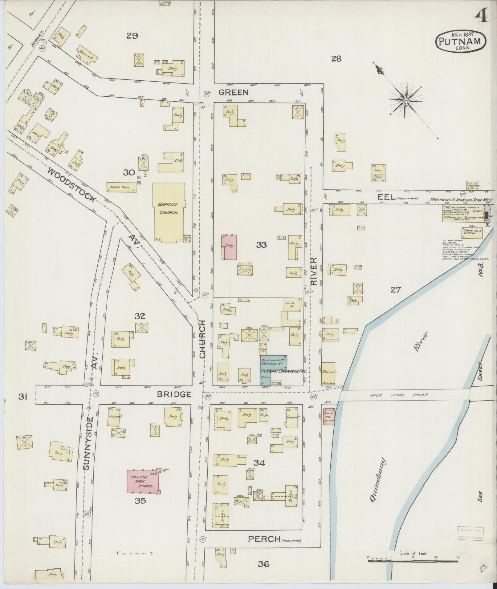 Sanborn Fire Insurance Map from Putnam, Windham County, Connecticut (1887), Sheet #0004 - Historic Sanborn Fire Insurance Map Print, vintage old map wall art, antique decor, genealogy gift, Connecticut Connecticut map