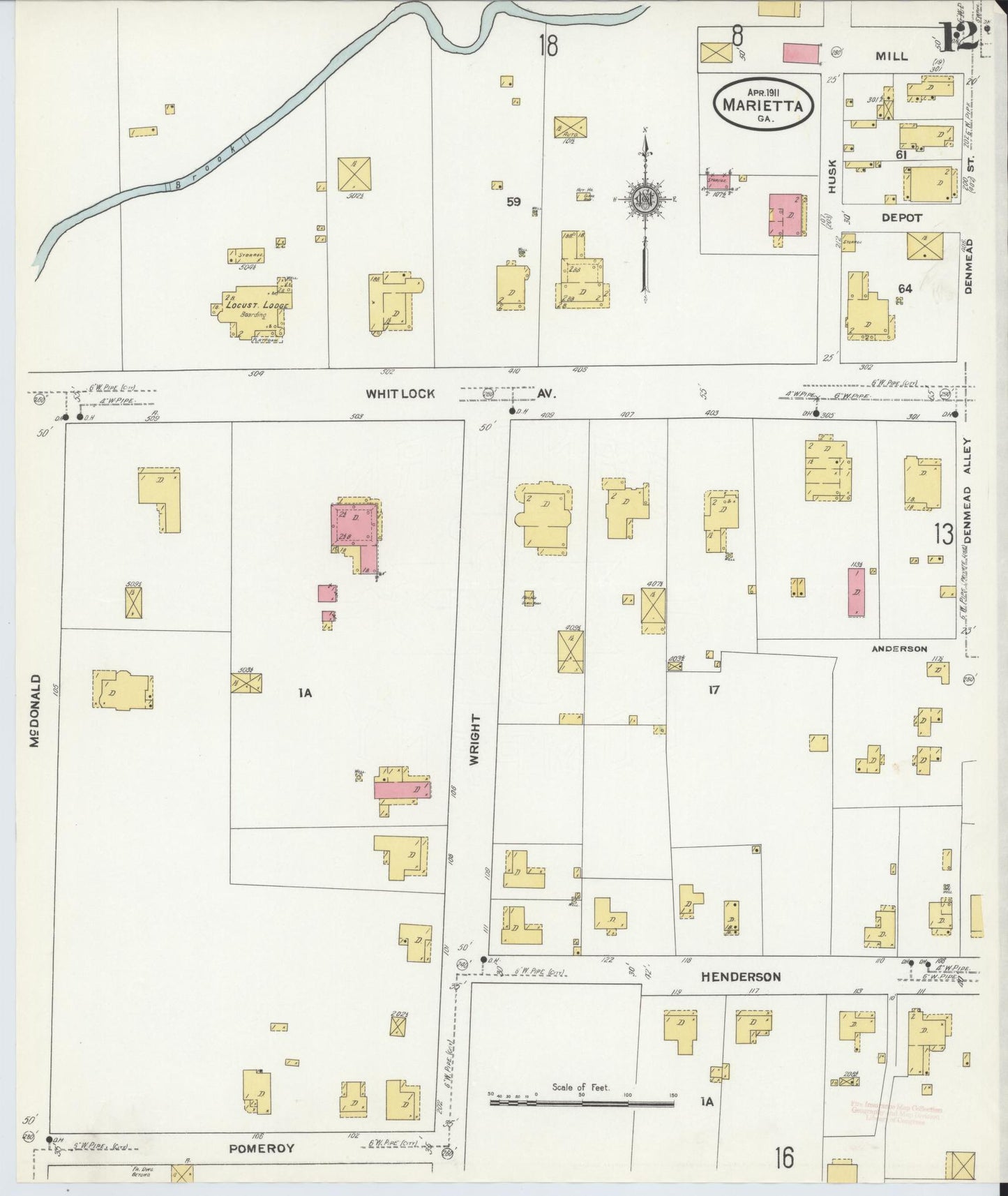 Sanborn Fire Insurance Map from Marietta, Cobb County, Georgia (1911), Sheet #0012 - Complete Map Set gallery image, historic Sanborn map, vintage wall art, Georgia Georgia