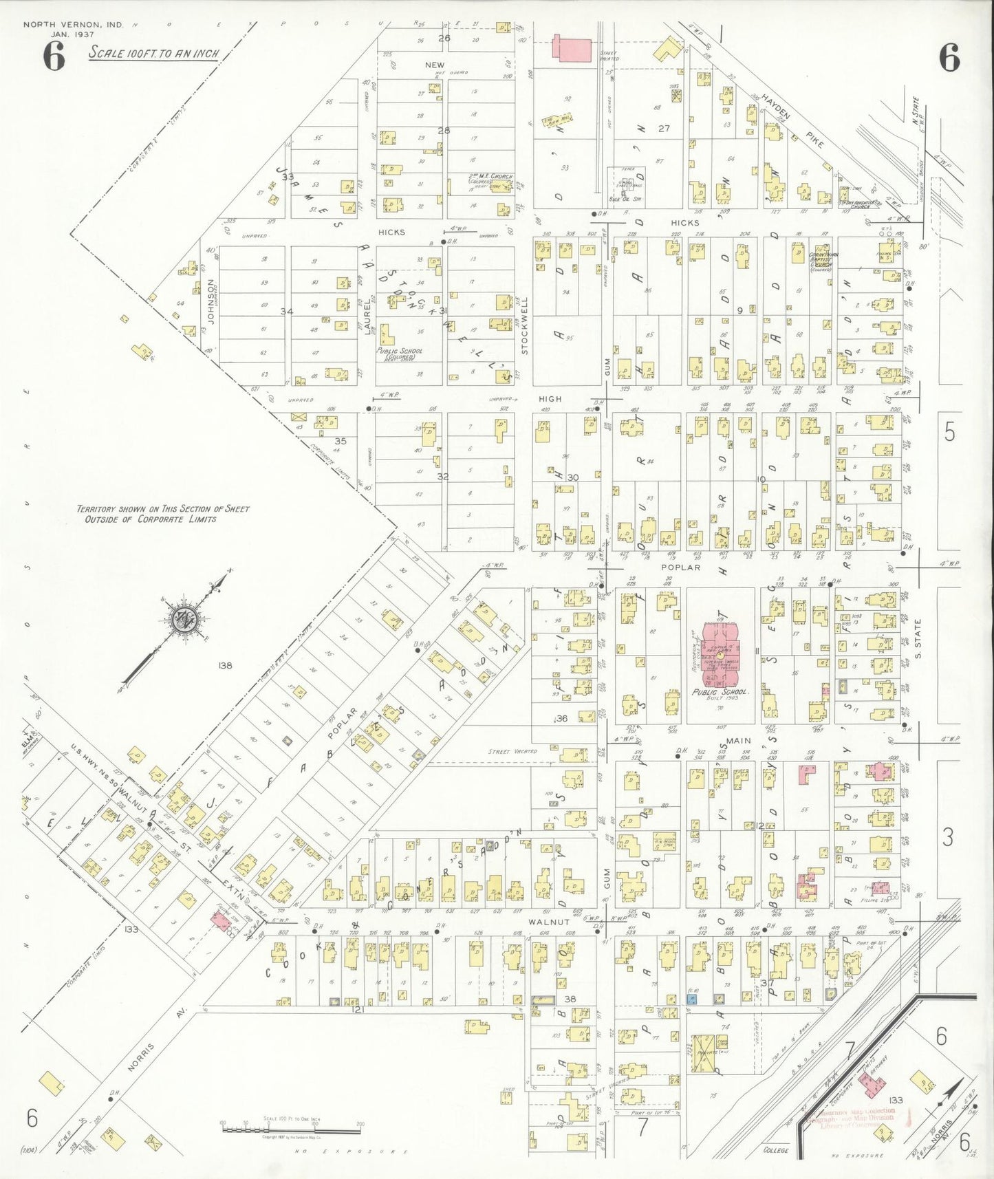 Sanborn Fire Insurance Map from North Vernon, Jennings County, Indiana (1937), Sheet #0006 - Complete Map Set gallery image, historic Sanborn map, vintage wall art, Indiana Indiana