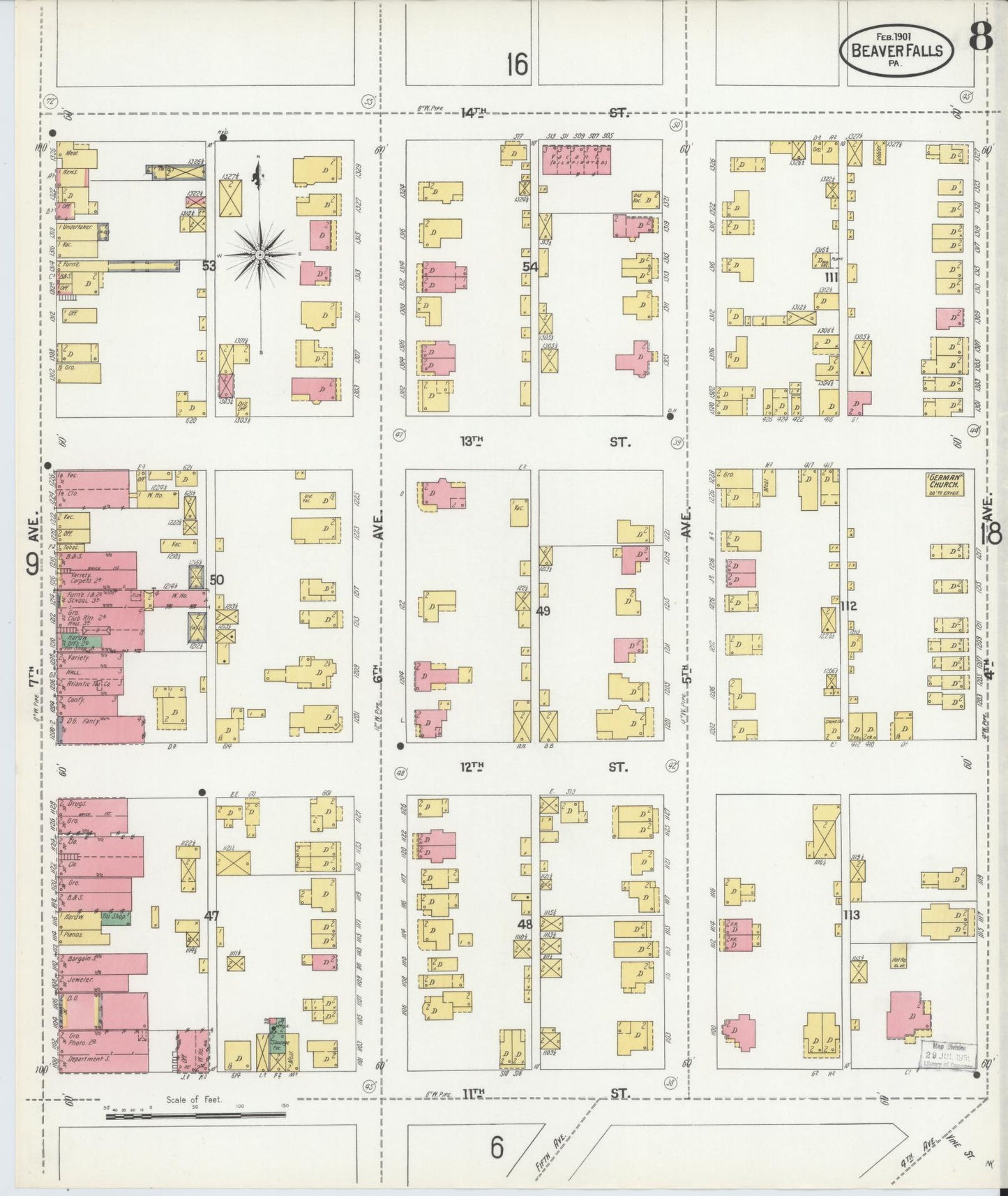Sanborn Fire Insurance Map from Beaver Falls, Beaver County, Pennsylvania (1901), Sheet #0008 - Historic Sanborn Fire Insurance Map Print, vintage old map wall art, antique decor, genealogy gift, Pennsylvania Pennsylvania map