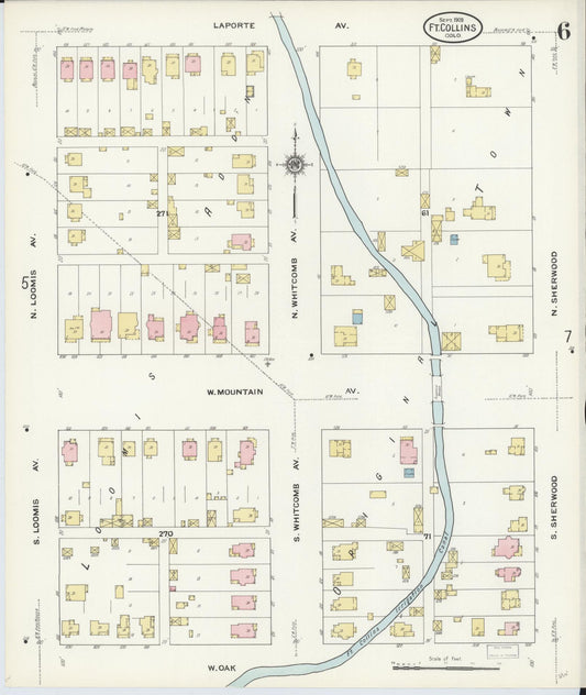 Sanborn Fire Insurance Map from Fort Collins, Larimer County, Colorado (1909), Sheet #0006 - Historic Sanborn Fire Insurance Map Print, vintage old map wall art, antique decor, genealogy gift, Colorado Colorado map