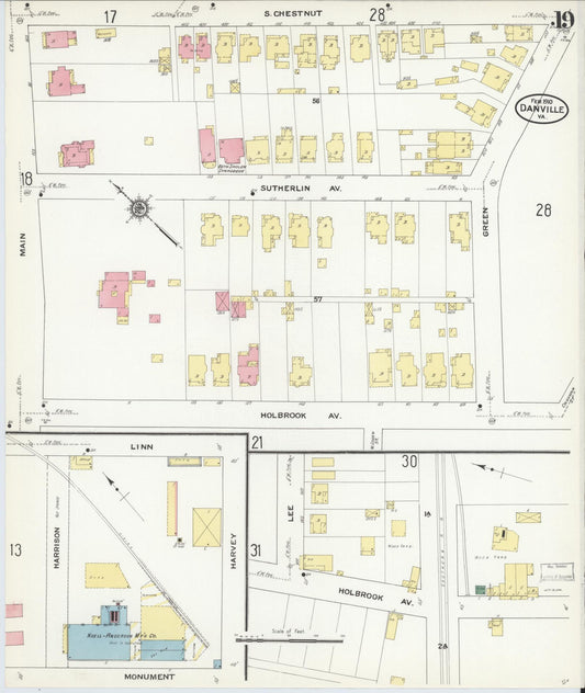 Sanborn Fire Insurance Map from Danville, Independent Cities, Virginia (1910), Sheet #0019 - Historic Sanborn Fire Insurance Map Print, vintage old map wall art, antique decor, genealogy gift, Virginia Virginia map