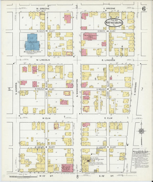 Sanborn Fire Insurance Map from Waynesburg, Greene County, Pennsylvania (1918), Sheet #0006 - Historic Sanborn Fire Insurance Map Print, vintage old map wall art, antique decor, genealogy gift, Pennsylvania Pennsylvania map