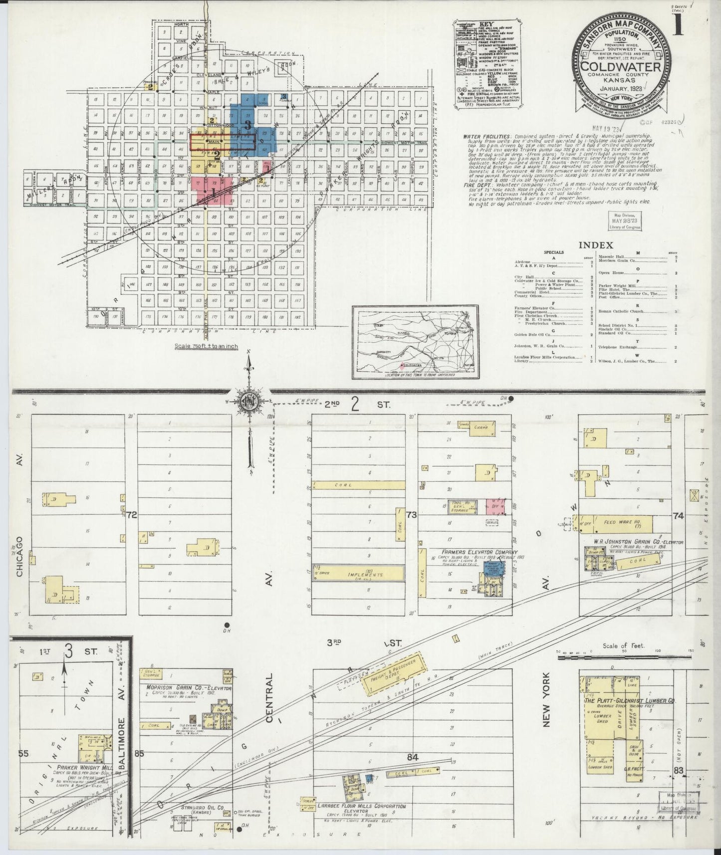 Sanborn Fire Insurance Map from Coldwater, Comanche County, Kansas (1923), Sheet #0001 - Complete Map Set gallery image, historic Sanborn map, vintage wall art, Kansas Kansas