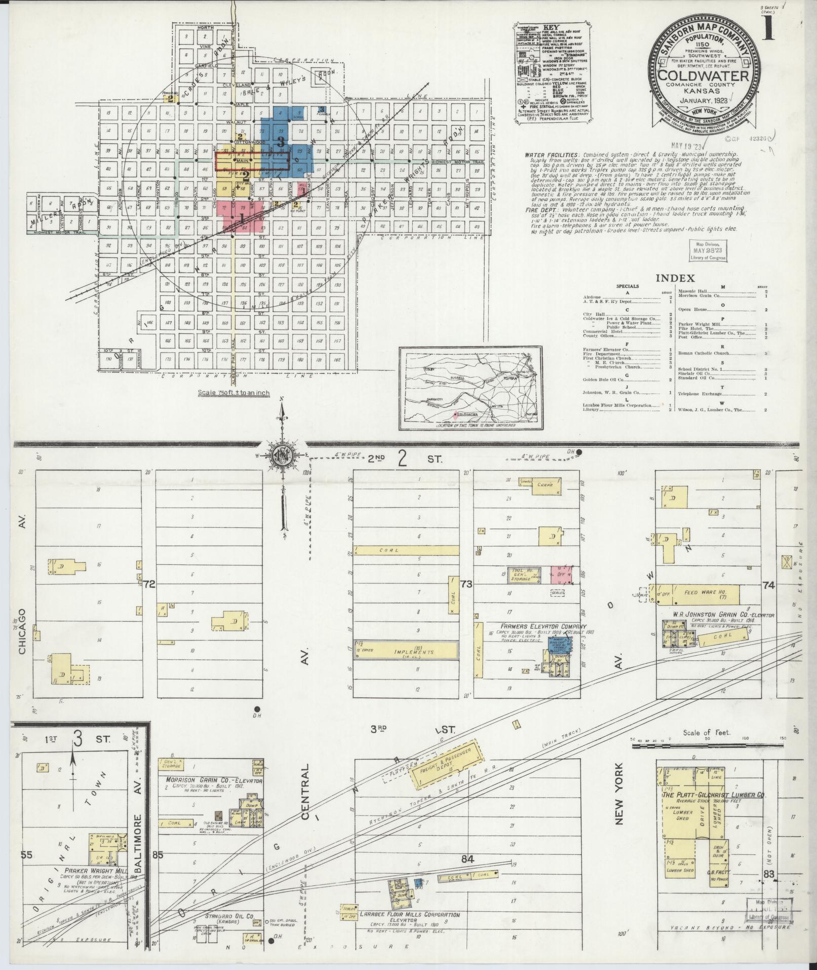 Sanborn Fire Insurance Map from Coldwater, Comanche County, Kansas (1923), Sheet #0001 - Complete Map Set gallery image, historic Sanborn map, vintage wall art, Kansas Kansas