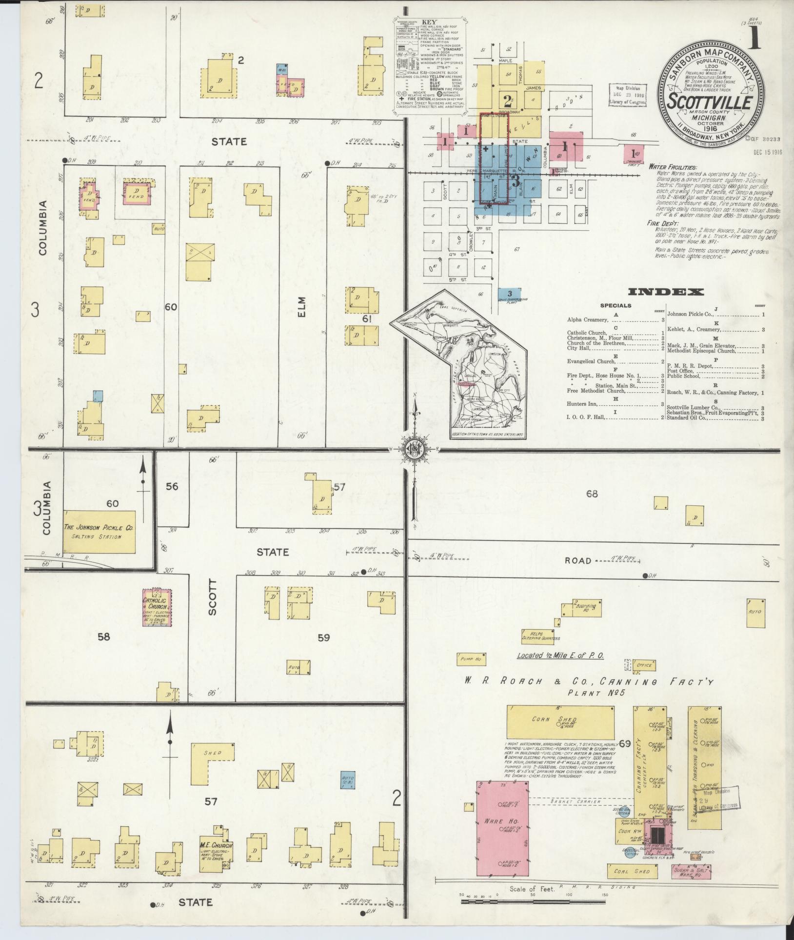 Sanborn Fire Insurance Map from Scottville, Mason County, Michigan (1916), Sheet #0001 - Historic Sanborn Fire Insurance Map Print, vintage old map wall art, antique decor, genealogy gift, Michigan Michigan map