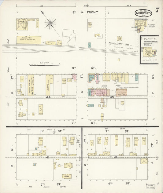 Sanborn Fire Insurance Map from Modesto, Stanislaus County, California (1888), Sheet #0007 - Historic Sanborn Fire Insurance Map Print, vintage old map wall art, antique decor, genealogy gift, California California map