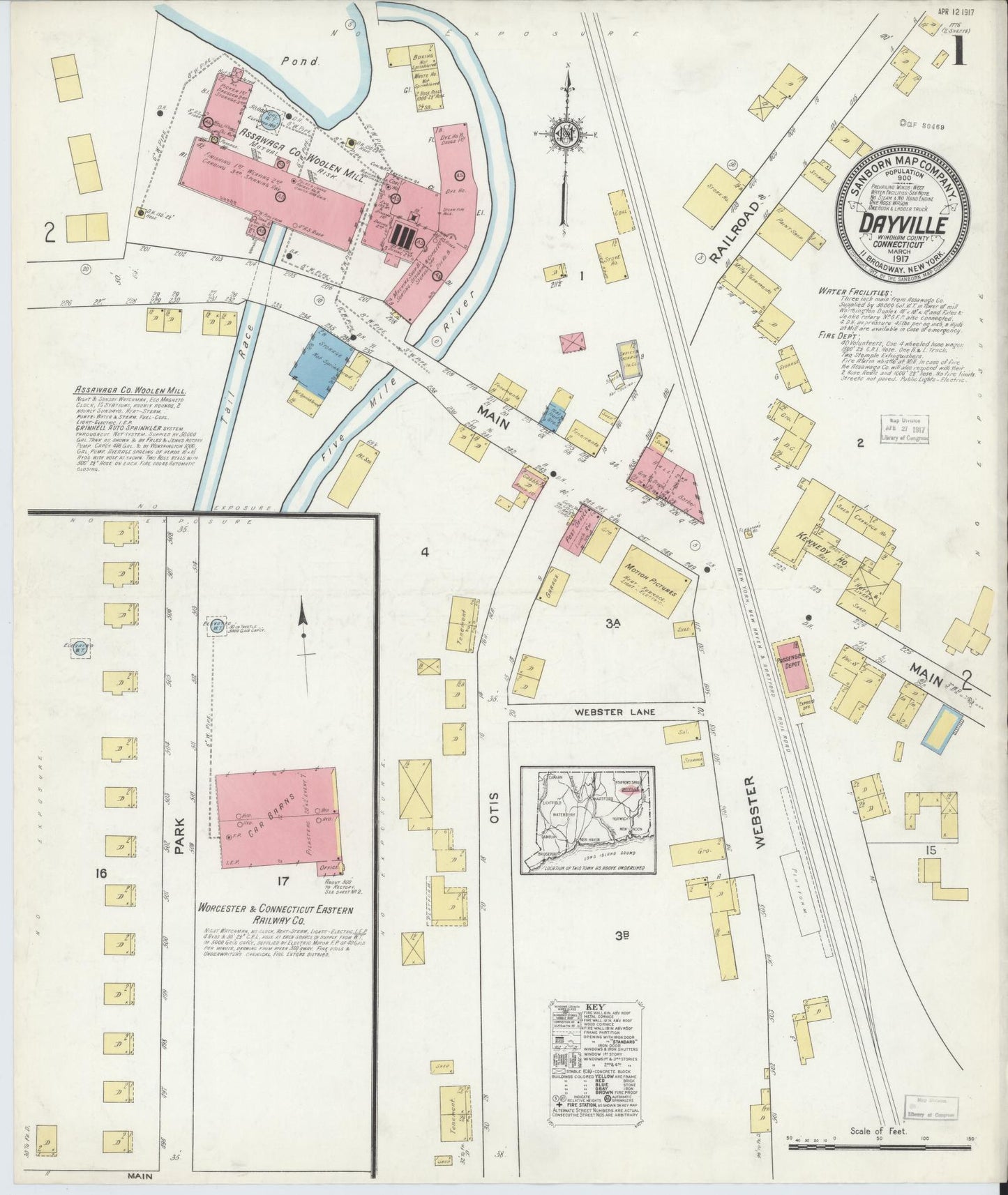 Sanborn Fire Insurance Map from Dayville, Windbam County, Connecticut (1917), Sheet #0001 - Complete Map Set gallery image, historic Sanborn map, vintage wall art, Connecticut Connecticut