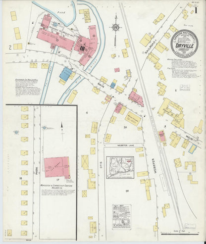 Sanborn Fire Insurance Map from Dayville, Windbam County, Connecticut (1917), Sheet #0001 - Complete Map Set gallery image, historic Sanborn map, vintage wall art, Connecticut Connecticut