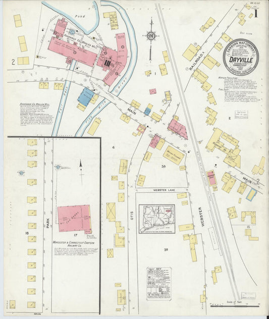 Sanborn Fire Insurance Map from Dayville, Windbam County, Connecticut (1917), Sheet #0001 - Complete Map Set gallery image, historic Sanborn map, vintage wall art, Connecticut Connecticut