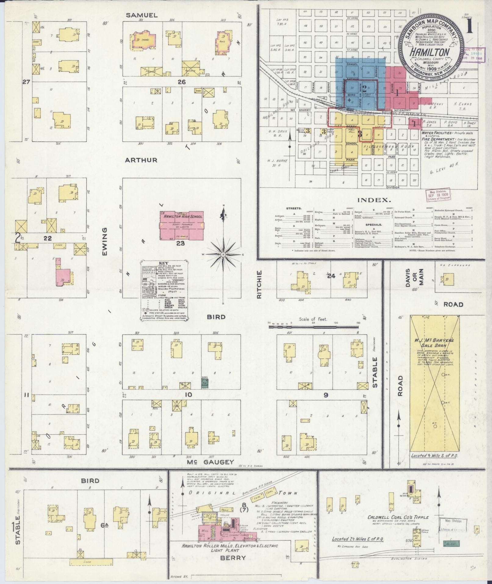 Sanborn Fire Insurance Map from Hamilton, Caldwell County, Missouri (1909), Sheet #0001 - Historic Sanborn Fire Insurance Map Print, vintage old map wall art, antique decor, genealogy gift, Missouri Missouri map