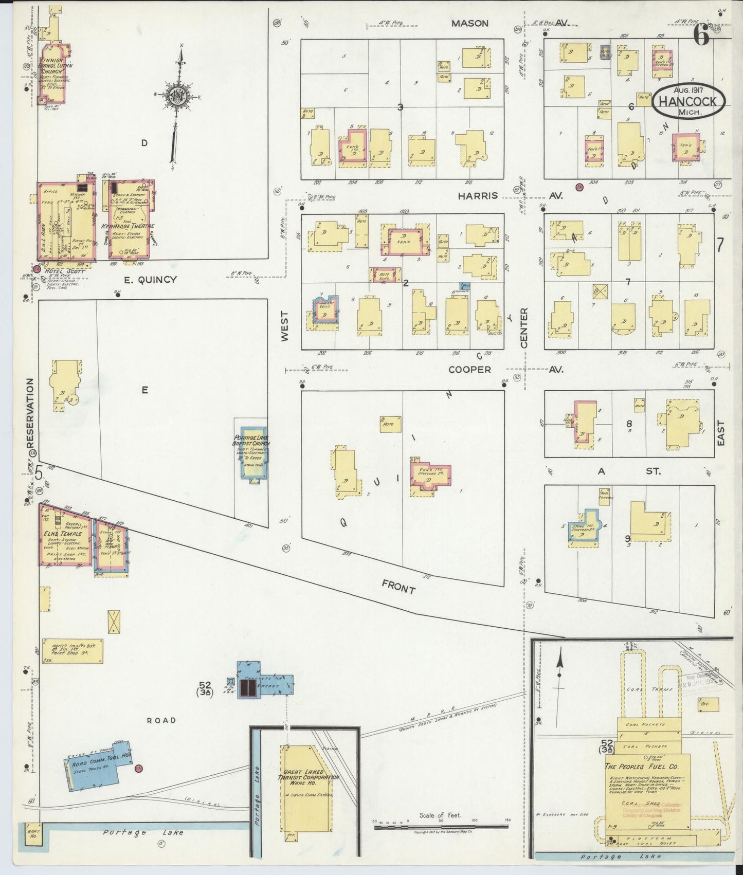 Sanborn Fire Insurance Map from Hancock, Houghton County, Michigan (1917), Sheet #0006 - Historic Sanborn Fire Insurance Map Print, vintage old map wall art, antique decor, genealogy gift, Michigan Michigan map