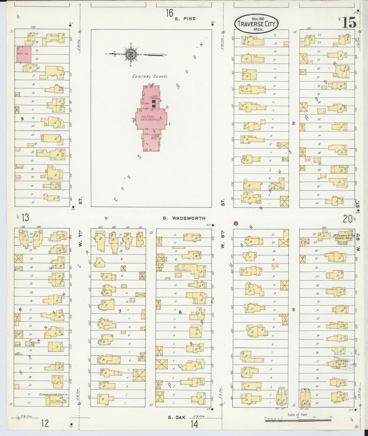 Sanborn Fire Insurance Map from Traverse City, Grand Traverse County, Michigan (1910), Sheet #0015 - Historic Sanborn Fire Insurance Map Print, vintage old map wall art, antique decor, genealogy gift, Michigan Michigan map