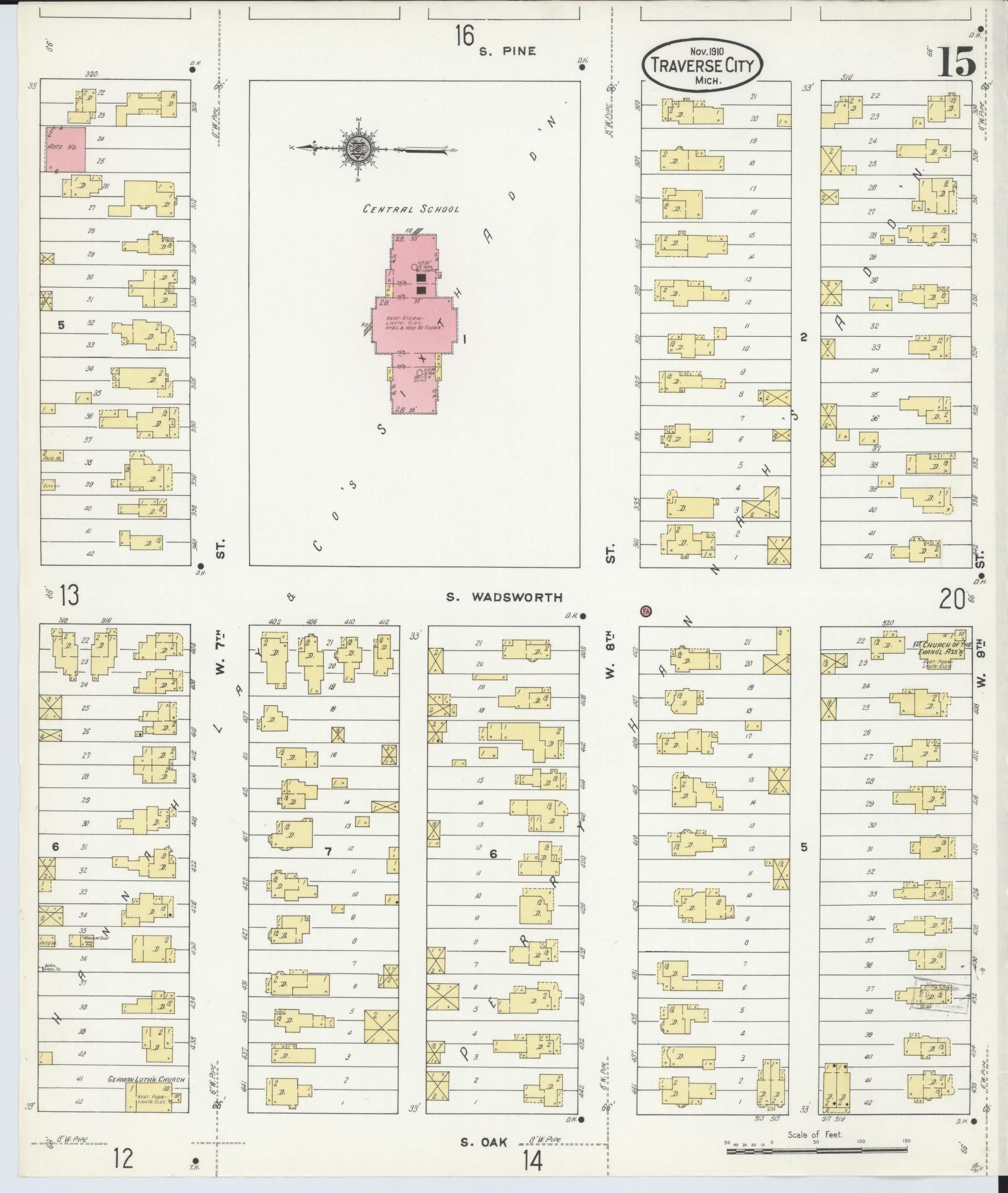Sanborn Fire Insurance Map from Traverse City, Grand Traverse County, Michigan (1910), Sheet #0015 - Historic Sanborn Fire Insurance Map Print, vintage old map wall art, antique decor, genealogy gift, Michigan Michigan map
