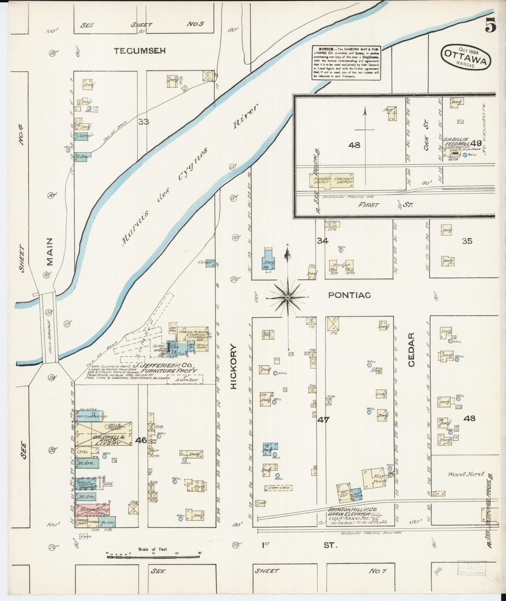 Sanborn Fire Insurance Map from Ottawa, Franklin County, Kansas (1884), Sheet #0005 - Historic Sanborn Fire Insurance Map Print, vintage old map wall art, antique decor, genealogy gift, Kansas Kansas map