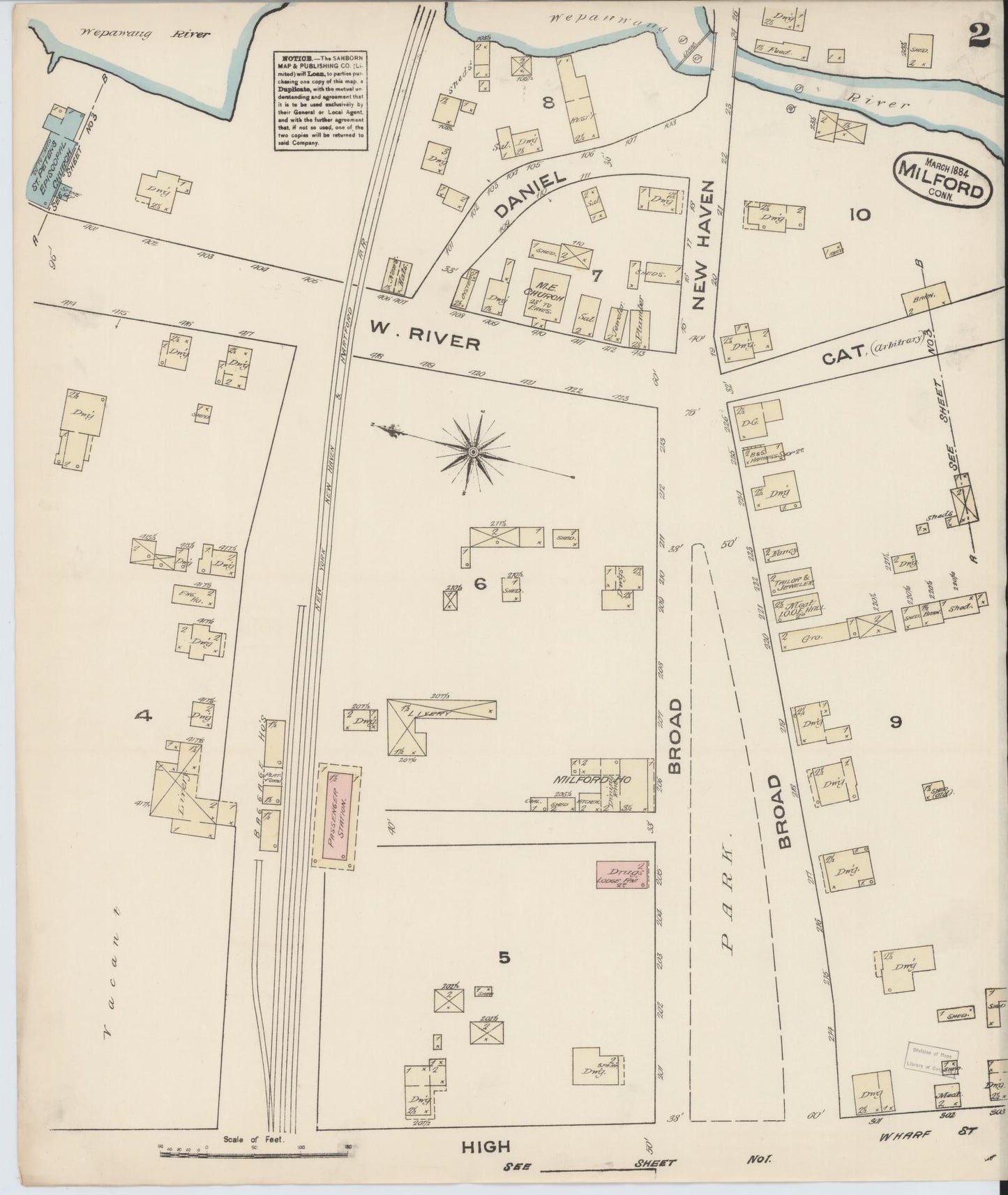 Sanborn Fire Insurance Map from Milford, New Haven County, Connecticut (1884), Sheet #0002 - Complete Map Set gallery image, historic Sanborn map, vintage wall art, Connecticut Connecticut