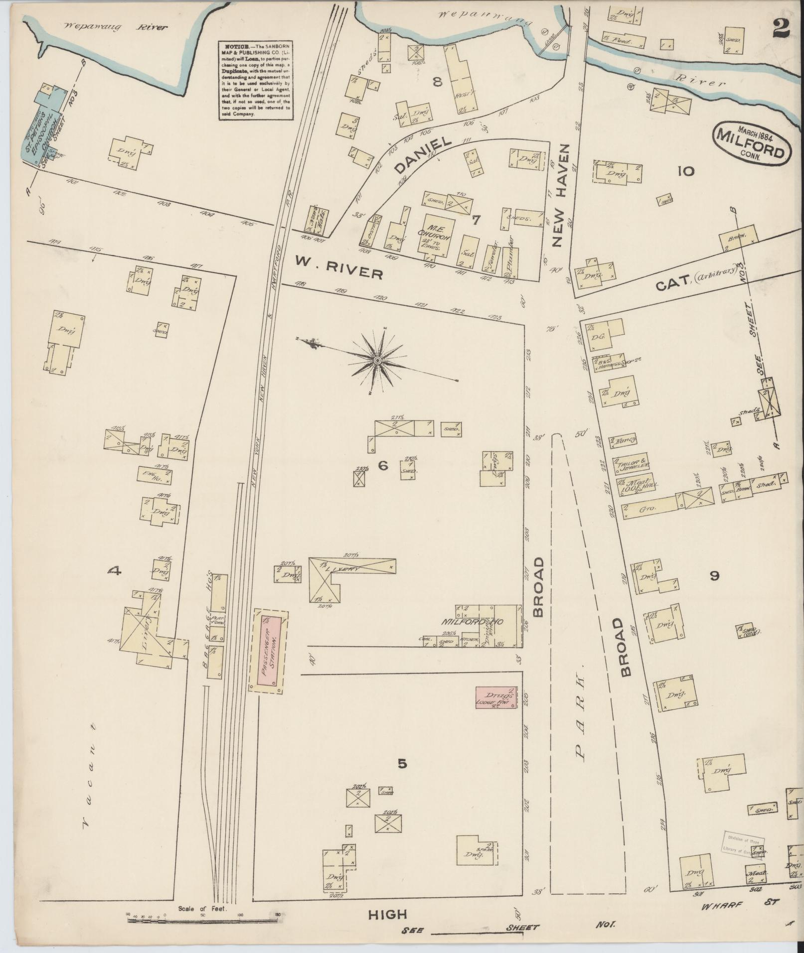 Sanborn Fire Insurance Map from Milford, New Haven County, Connecticut (1884), Sheet #0002 - Complete Map Set gallery image, historic Sanborn map, vintage wall art, Connecticut Connecticut