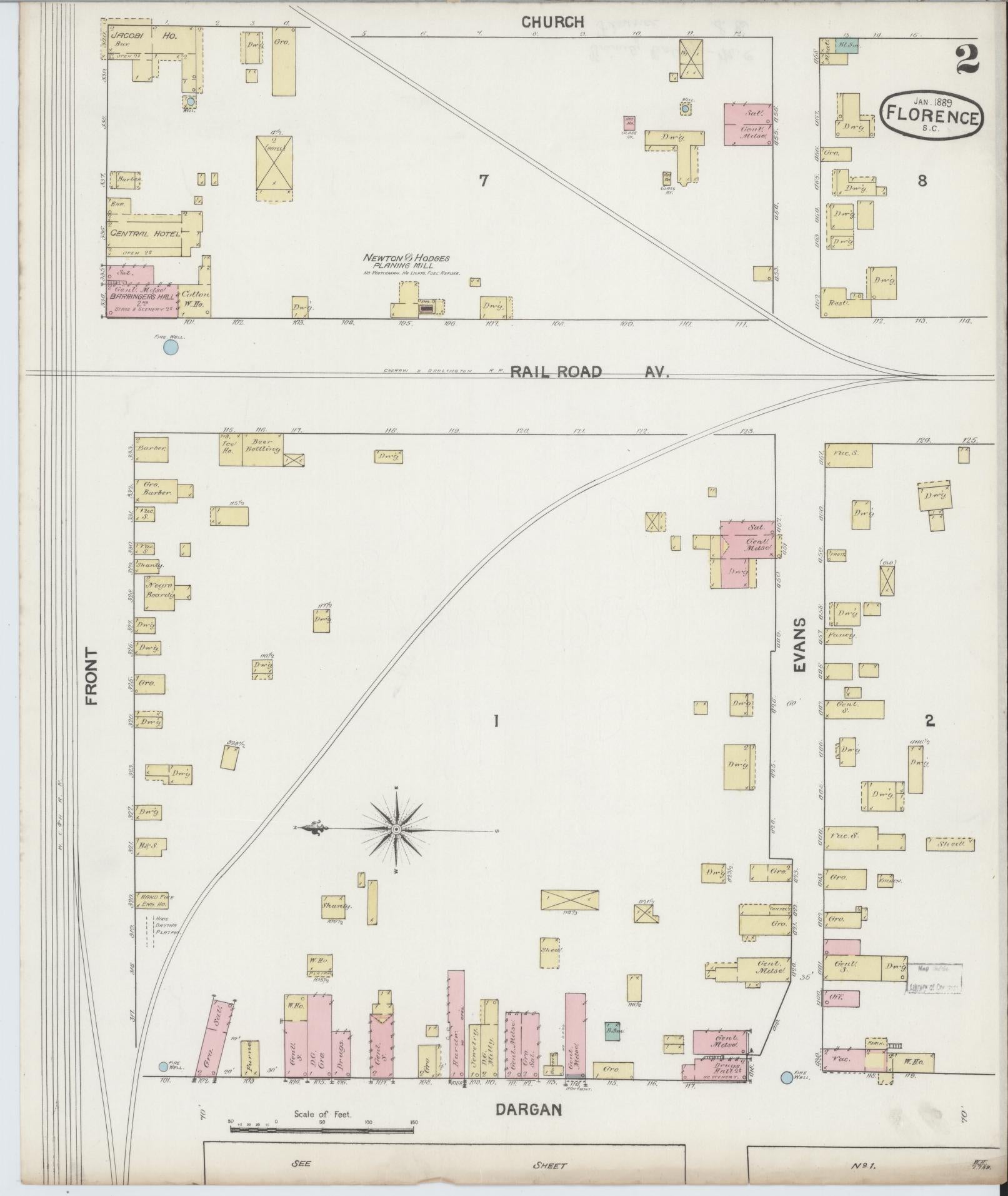 Sanborn Fire Insurance Map from Florence, Florence County, South Carolina (1888), Sheet #0002 - Historic Sanborn Fire Insurance Map Print, vintage old map wall art, antique decor, genealogy gift, South Carolina South Carolina map