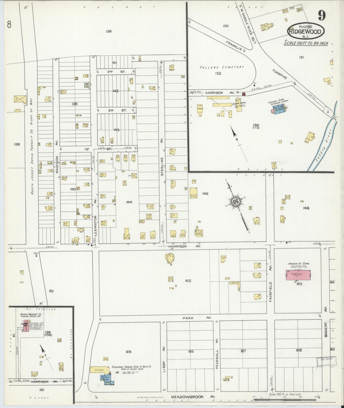 Sanborn Fire Insurance Map from Ridgewood, Bergen County, New Jersey (1916), Sheet #0009 - Complete Map Set gallery image, historic Sanborn map, vintage wall art, New Jersey New Jersey