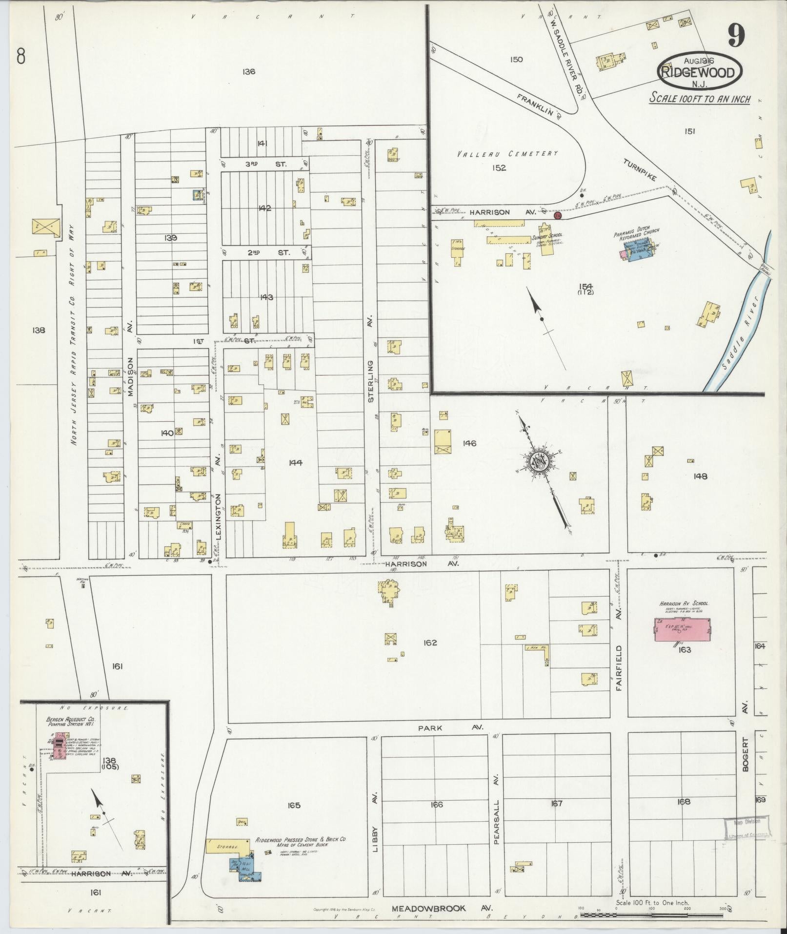 Sanborn Fire Insurance Map from Ridgewood, Bergen County, New Jersey (1916), Sheet #0009 - Complete Map Set gallery image, historic Sanborn map, vintage wall art, New Jersey New Jersey