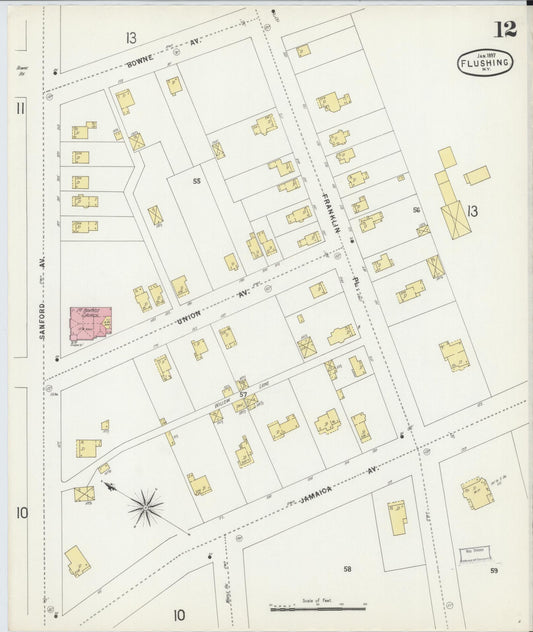 Sanborn Fire Insurance Map from Flushing, Queens County, New York (1897), Sheet #0012 - Historic Sanborn Fire Insurance Map Print, vintage old map wall art, antique decor, genealogy gift, New York New York map