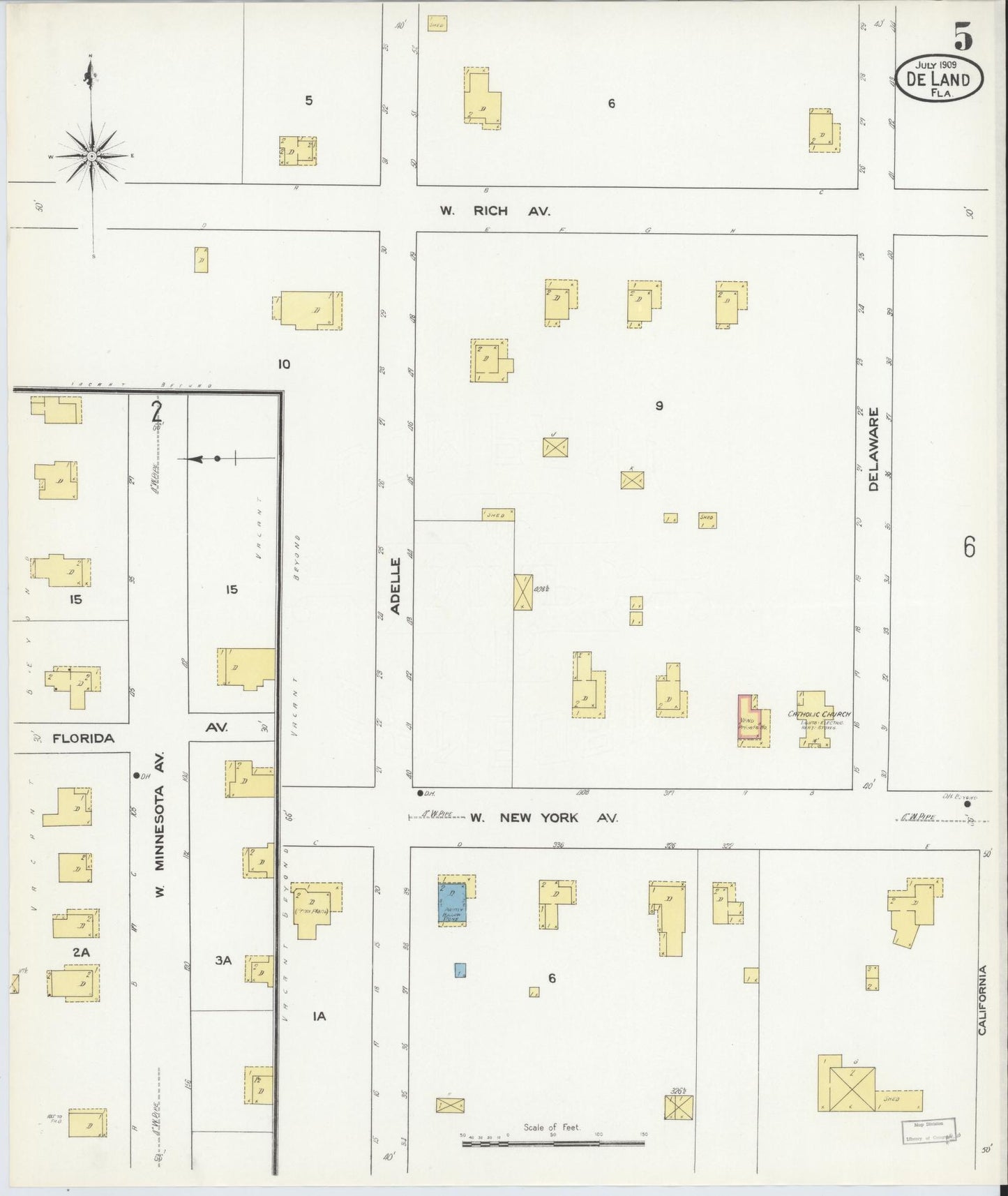 Sanborn Fire Insurance Map from De Land, Volusia County, Florida (1909), Sheet #0005 - Historic Sanborn Fire Insurance Map Print, vintage old map wall art, antique decor, genealogy gift, Florida Florida map
