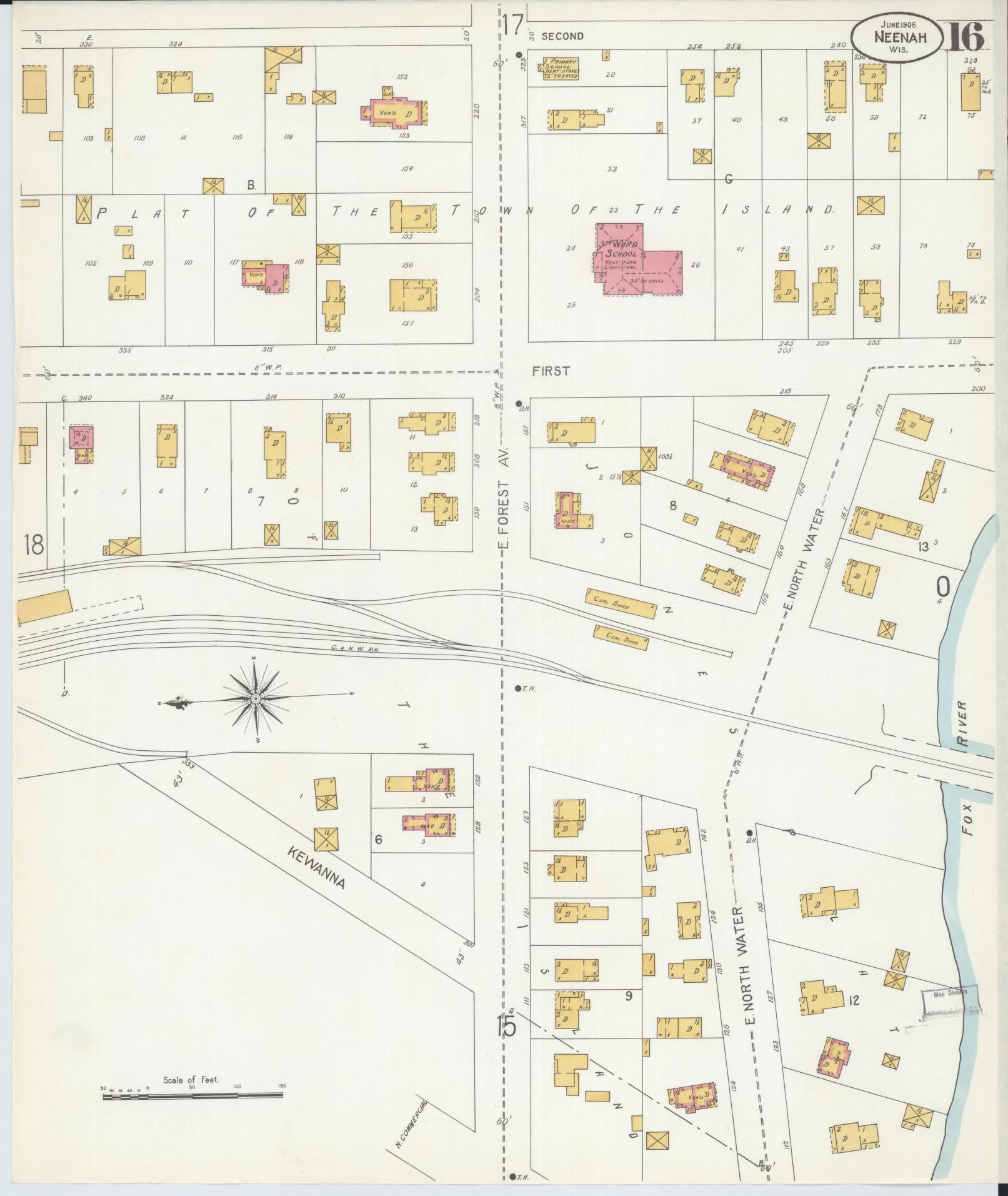 Sanborn Fire Insurance Map from Neenah, Winnebago County, Wisconsin (1906), Sheet #0016 - Historic Sanborn Fire Insurance Map Print, vintage old map wall art, antique decor, genealogy gift, Wisconsin Wisconsin map