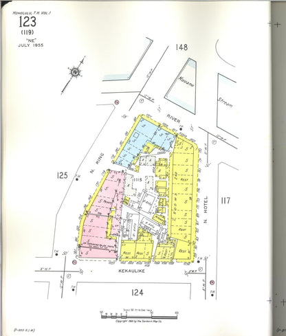 Sanborn Fire Insurance Map from Honolulu, Oahu County, Hawaii (1955), Sheet #0123 - Historic Sanborn Fire Insurance Map Print, vintage old map wall art