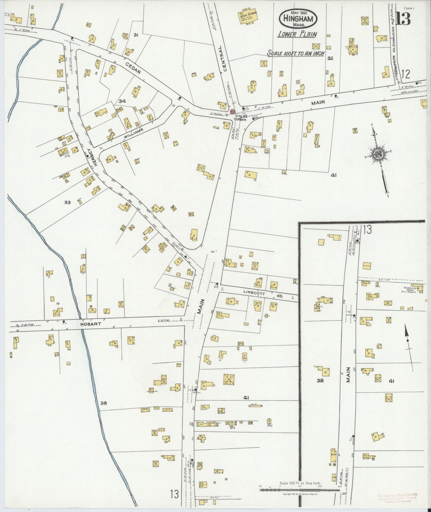 Sanborn Fire Insurance Map from Hingham, Plymouth County, Massachusetts (1921), Sheet #0013 - Complete Map Set gallery image, historic Sanborn map, vintage wall art, Massachusetts Massachusetts